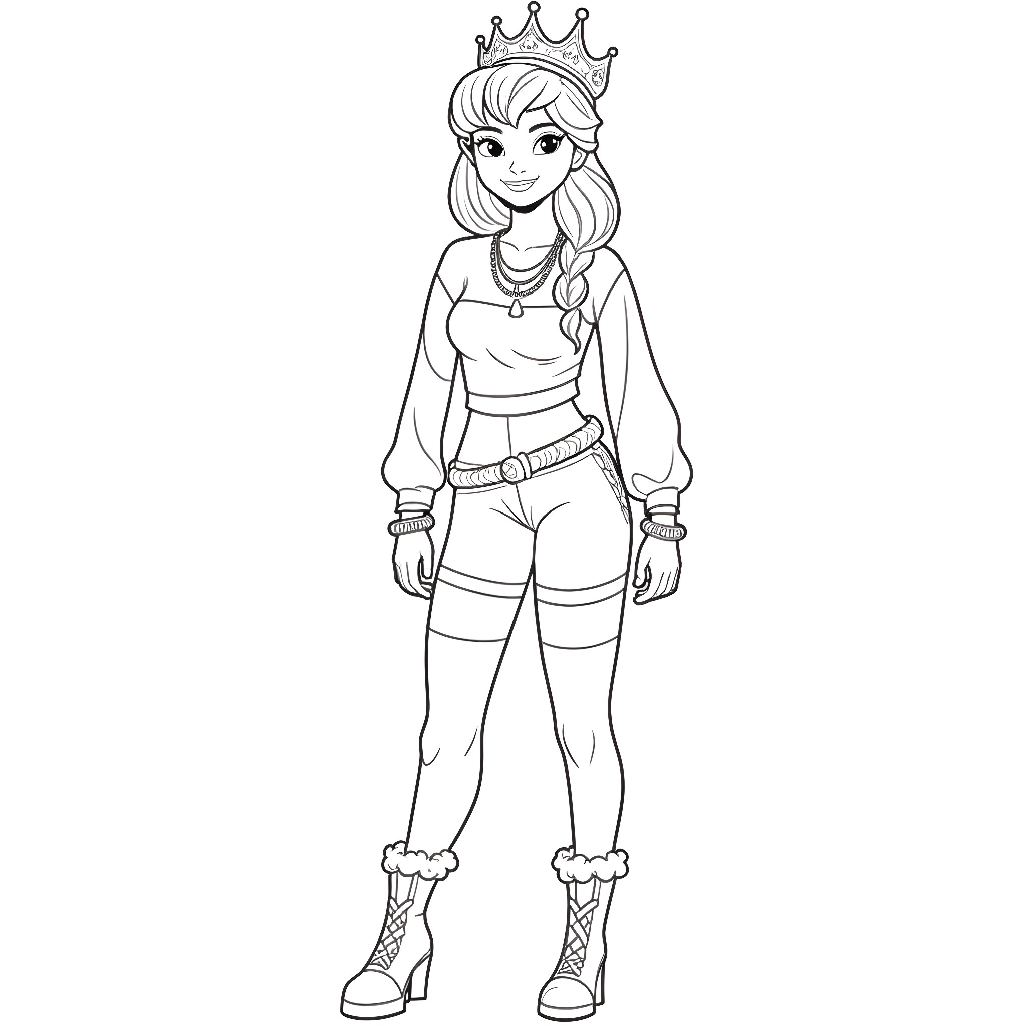 Elsa, the adventurous princess, in her royal attire Coloring Page (free black-and-white line drawing printable PDF for all, from beginners to advanced learners, including children, teens, adults, and seniors)