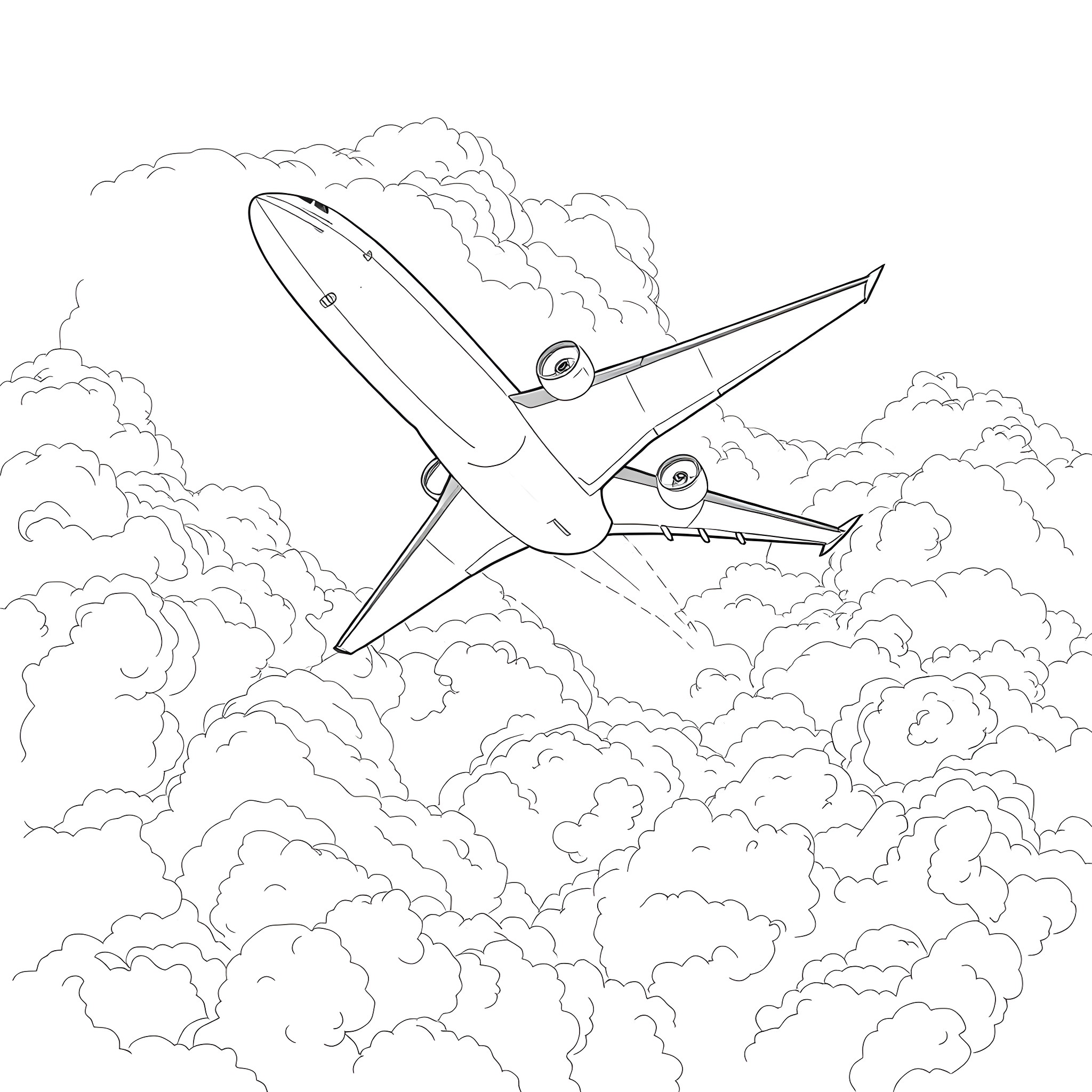 Airplane soaring through the cloudy skies Coloring Page (free black-and-white line drawing printable PDF for all, from beginners to advanced learners, including children, teens, adults, and seniors)