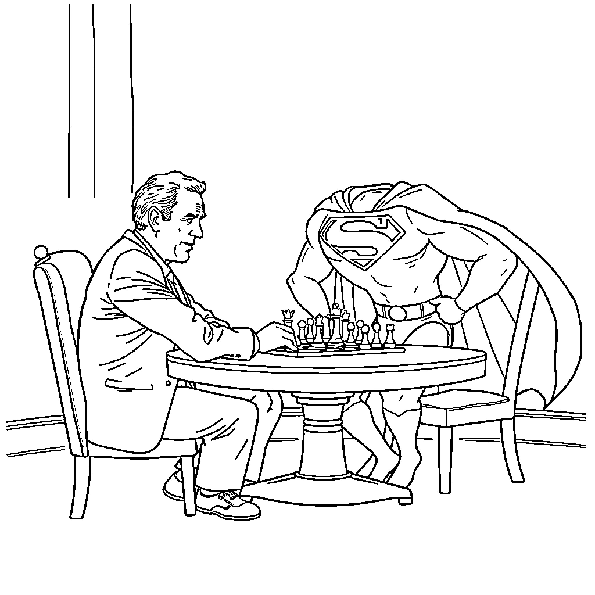 George Bush playing chess with Superman Coloring Page (free black-and-white line drawing printable PDF for all, from beginners to advanced learners, including children, teens, adults, and seniors)