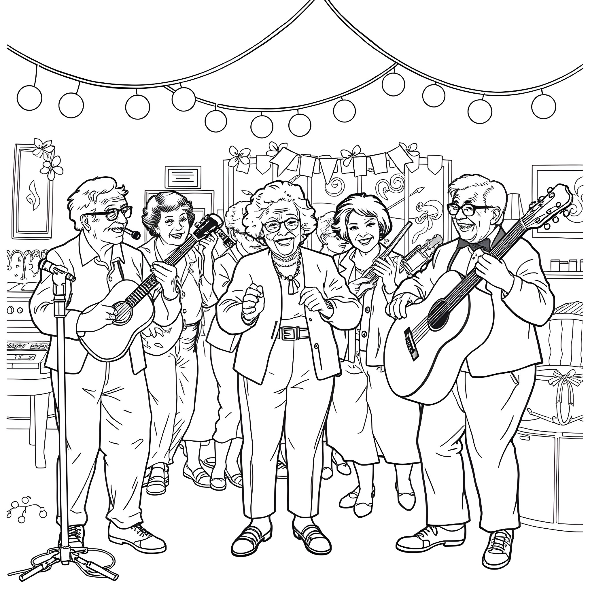 Senior Citizens Celebrating with Music and Laughter Coloring Page (free black-and-white line drawing printable PDF for all, from beginners to advanced learners, including children, teens, adults, and seniors)