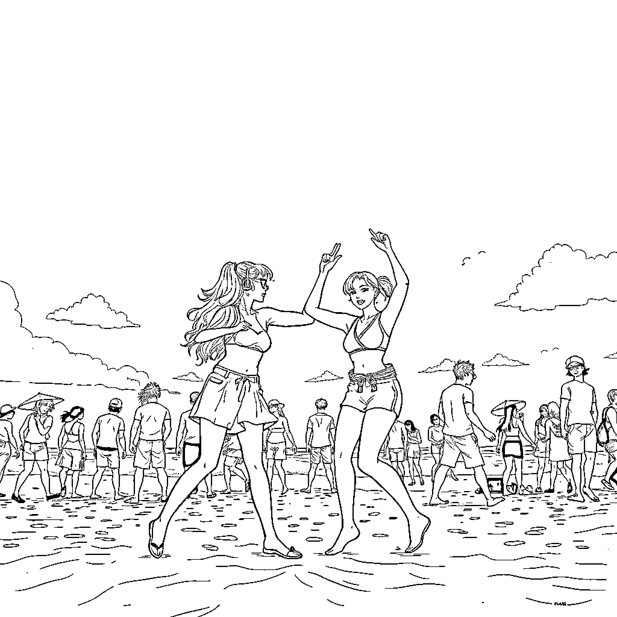 Kpop idols dancing joyfully on the beach Coloring Page (free black-and-white line drawing printable PDF for all, from beginners to advanced learners, including children, teens, adults, and seniors)