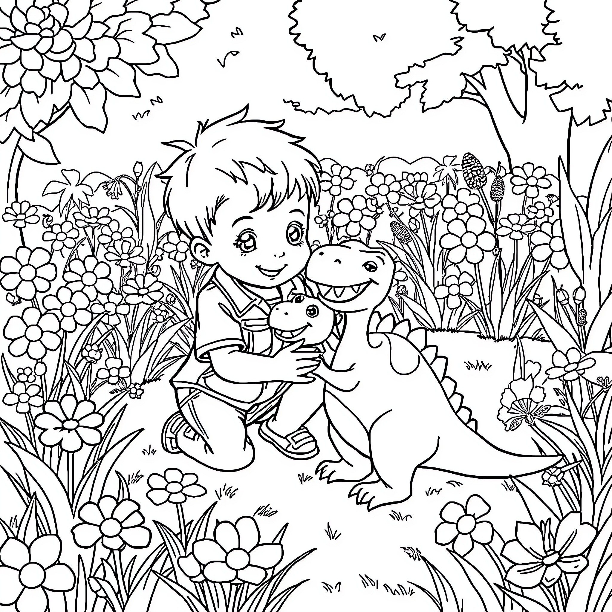 Boy playing with cute animals in a flowery garden Coloring Page (free black-and-white line drawing printable PDF for all, from beginners to advanced learners, including children, teens, adults, and seniors)