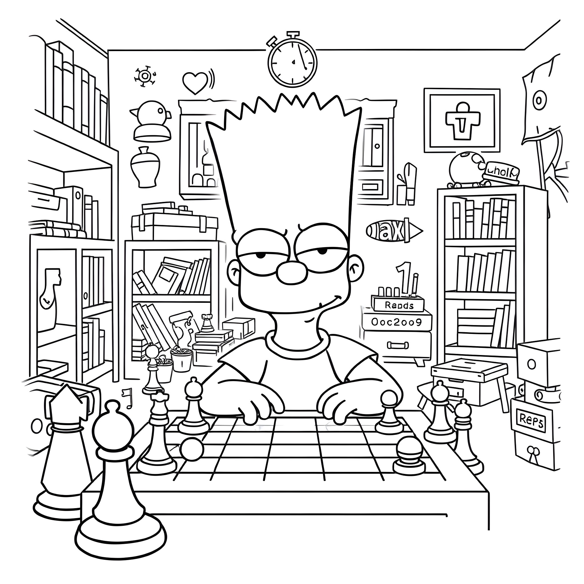 Bart Simpson playing chess in a cluttered study Coloring Page (free black-and-white line drawing printable PDF for all, from beginners to advanced learners, including children, teens, adults, and seniors)