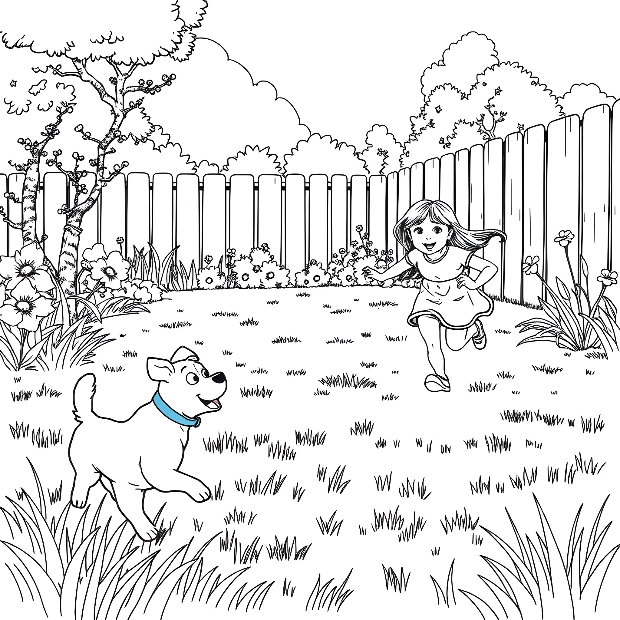 Dog and girl playing joyfully in the garden Coloring Page (free black-and-white line drawing printable PDF for all, from beginners to advanced learners, including children, teens, adults, and seniors)