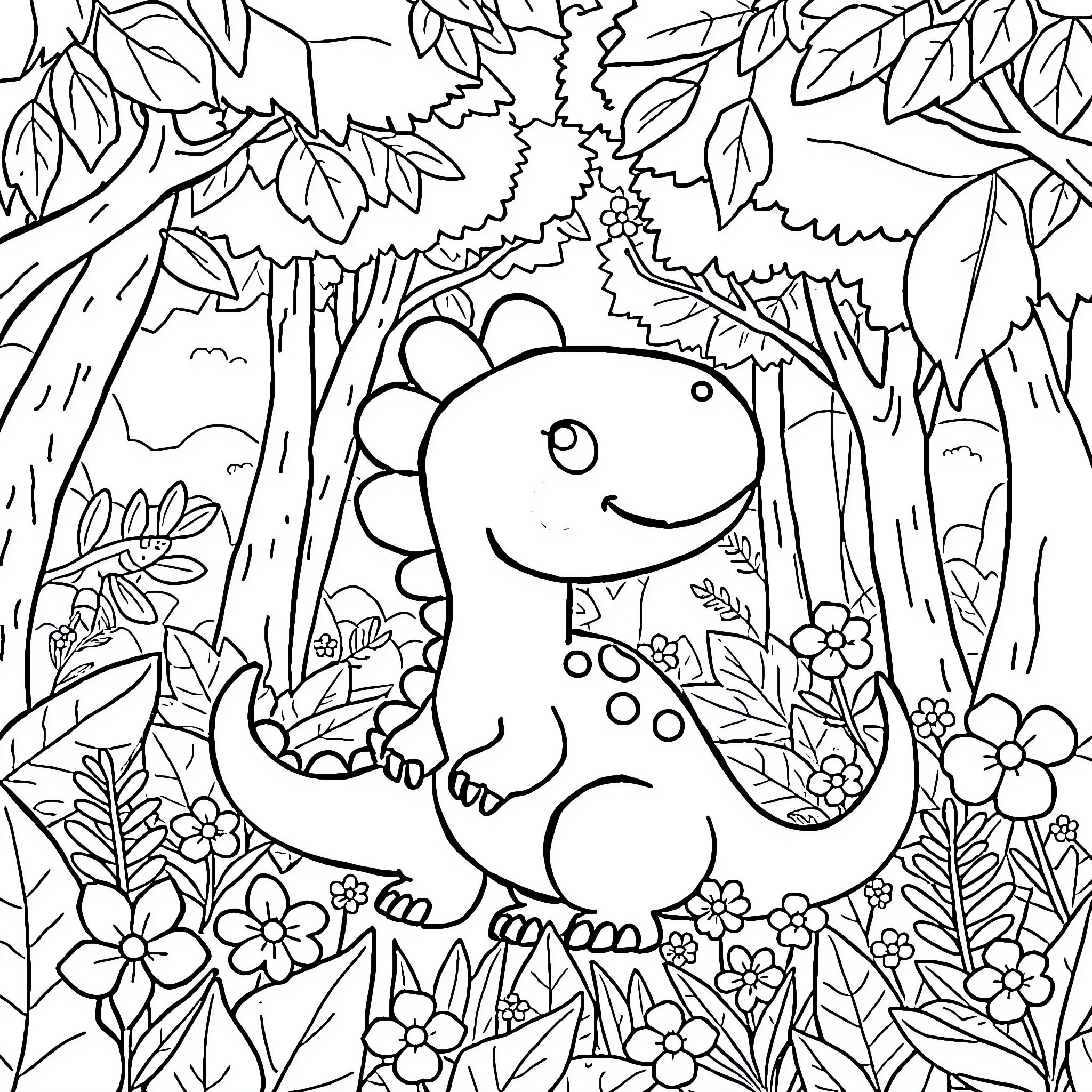 Dinosaur playing in a lush forest Coloring Page (free black-and-white line drawing printable PDF for all, from beginners to advanced learners, including children, teens, adults, and seniors)