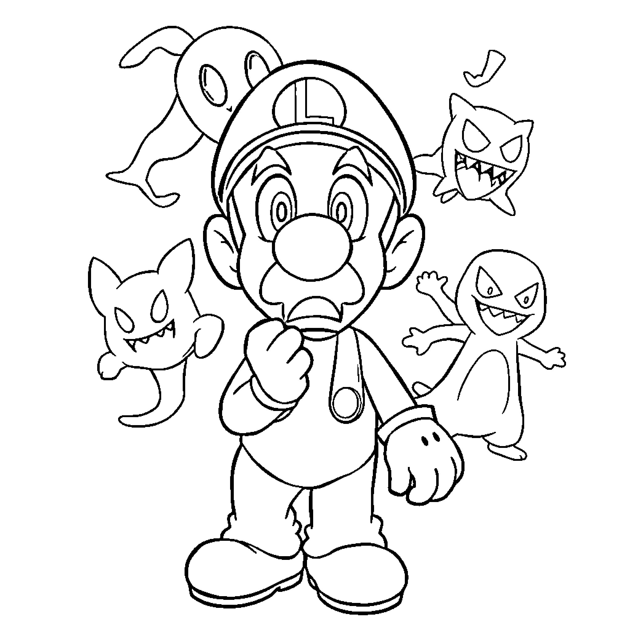 Luigi surrounded by ghostly companions Coloring Page (free black-and-white line drawing printable PDF for all, from beginners to advanced learners, including children, teens, adults, and seniors)