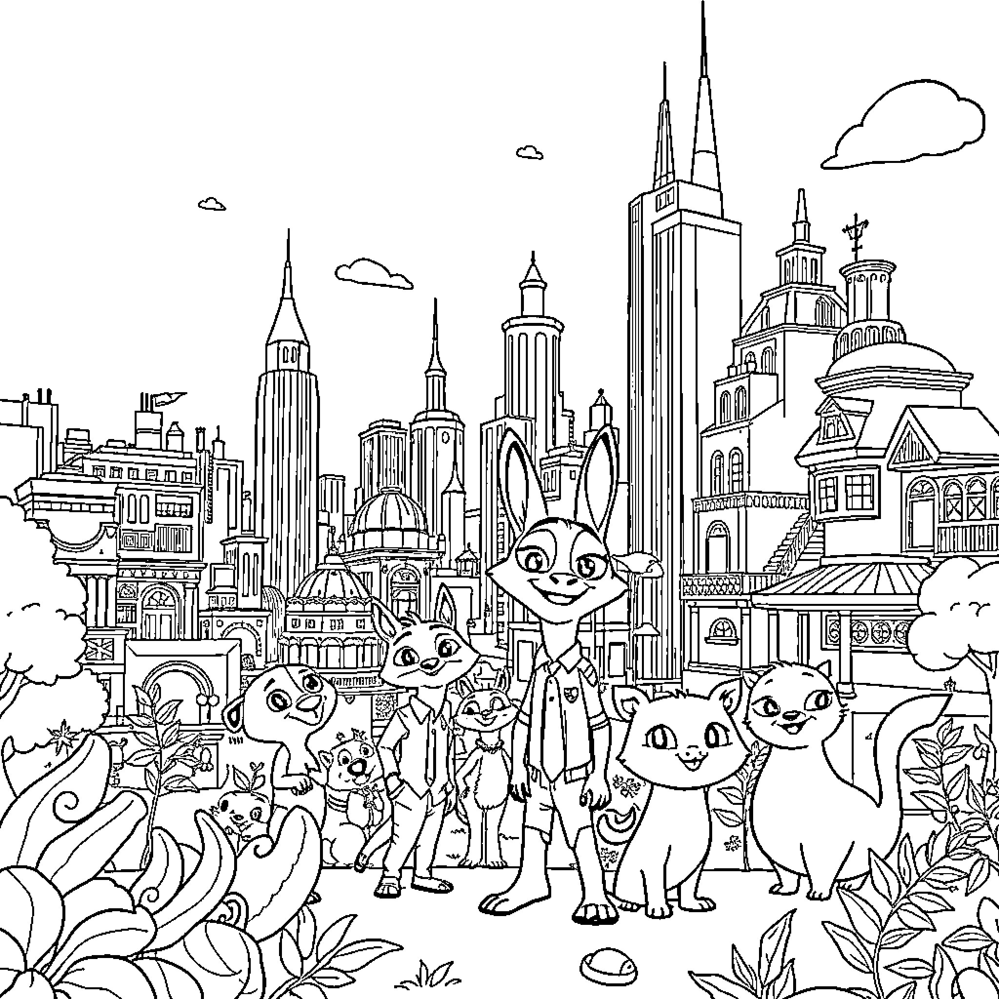 Zootopia: Animals exploring the bustling city Coloring Page (free black-and-white line drawing printable PDF for all, from beginners to advanced learners, including children, teens, adults, and seniors)