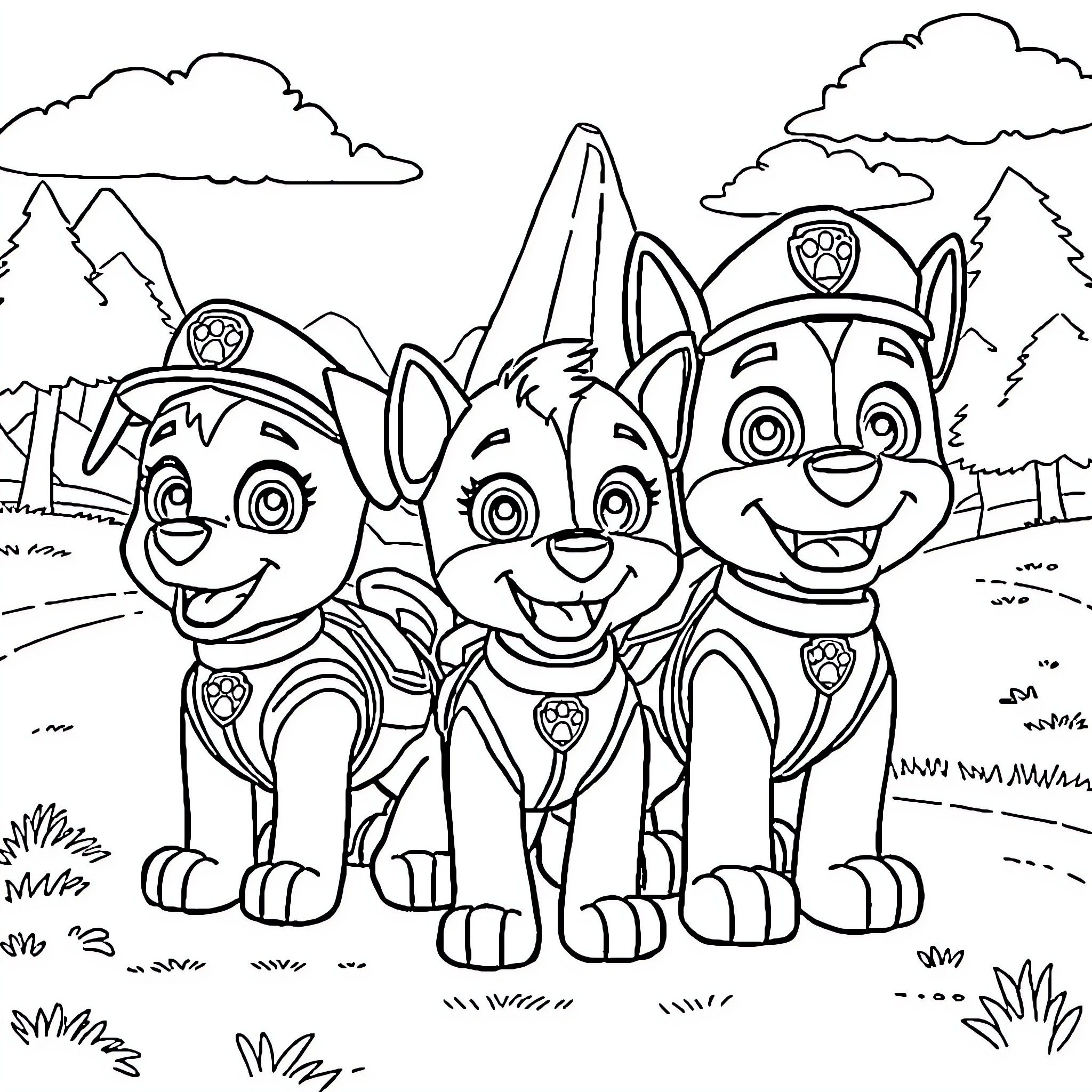 Paw Patrol pups on an adventure in the outdoors Coloring Page (free black-and-white line drawing printable PDF for all, from beginners to advanced learners, including children, teens, adults, and seniors)
