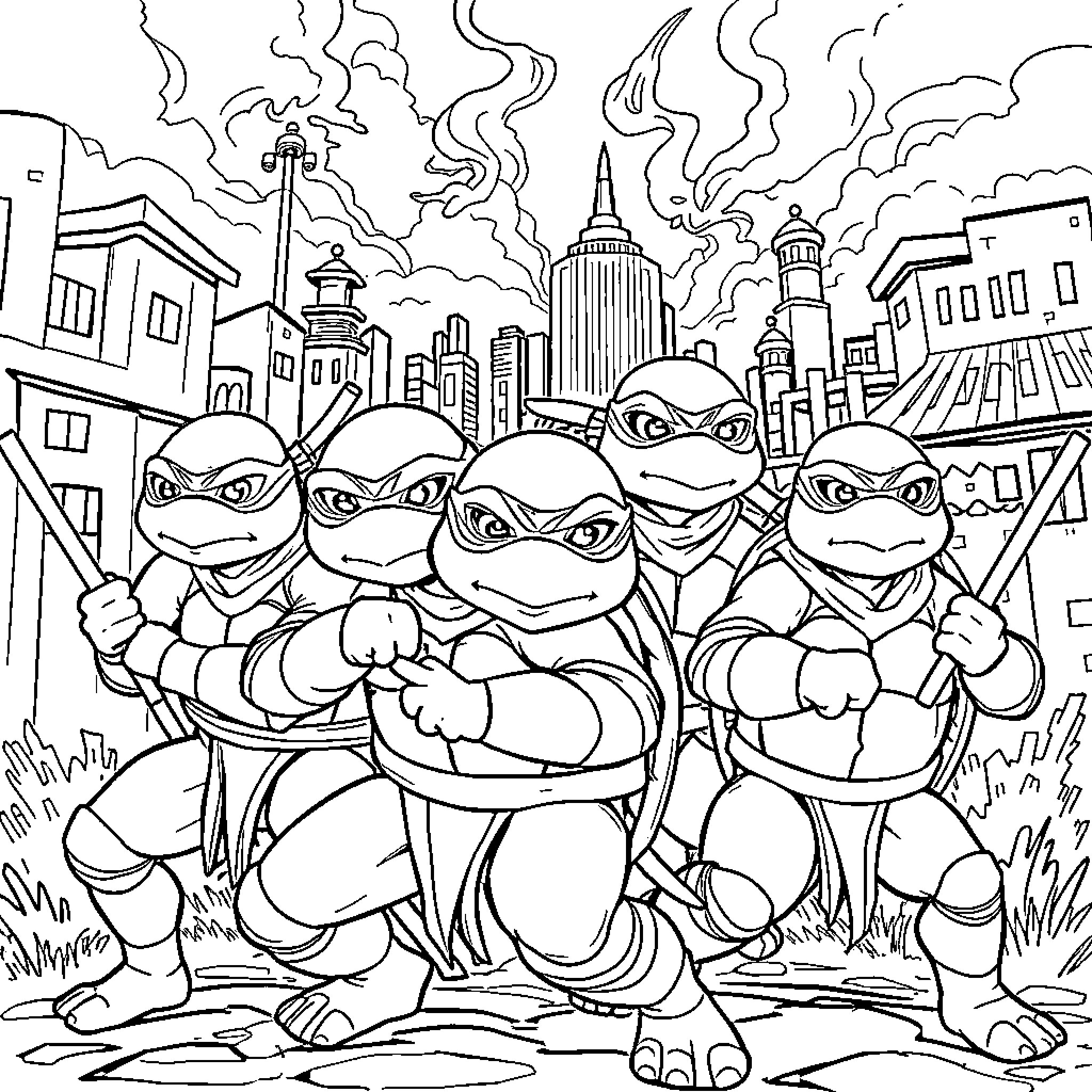 Tortue Ninja Heroes Battle in the City Coloring Page (free black-and-white line drawing printable PDF for all, from beginners to advanced learners, including children, teens, adults, and seniors)