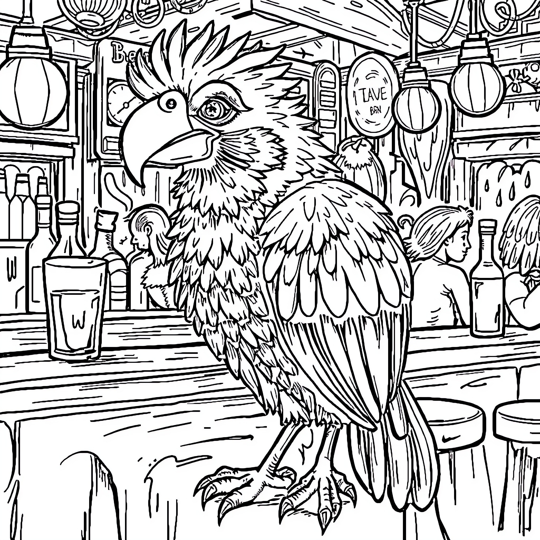 Bird perched in a colorful, whimsical environment Coloring Page (free black-and-white line drawing printable PDF for all, from beginners to advanced learners, including children, teens, adults, and seniors)