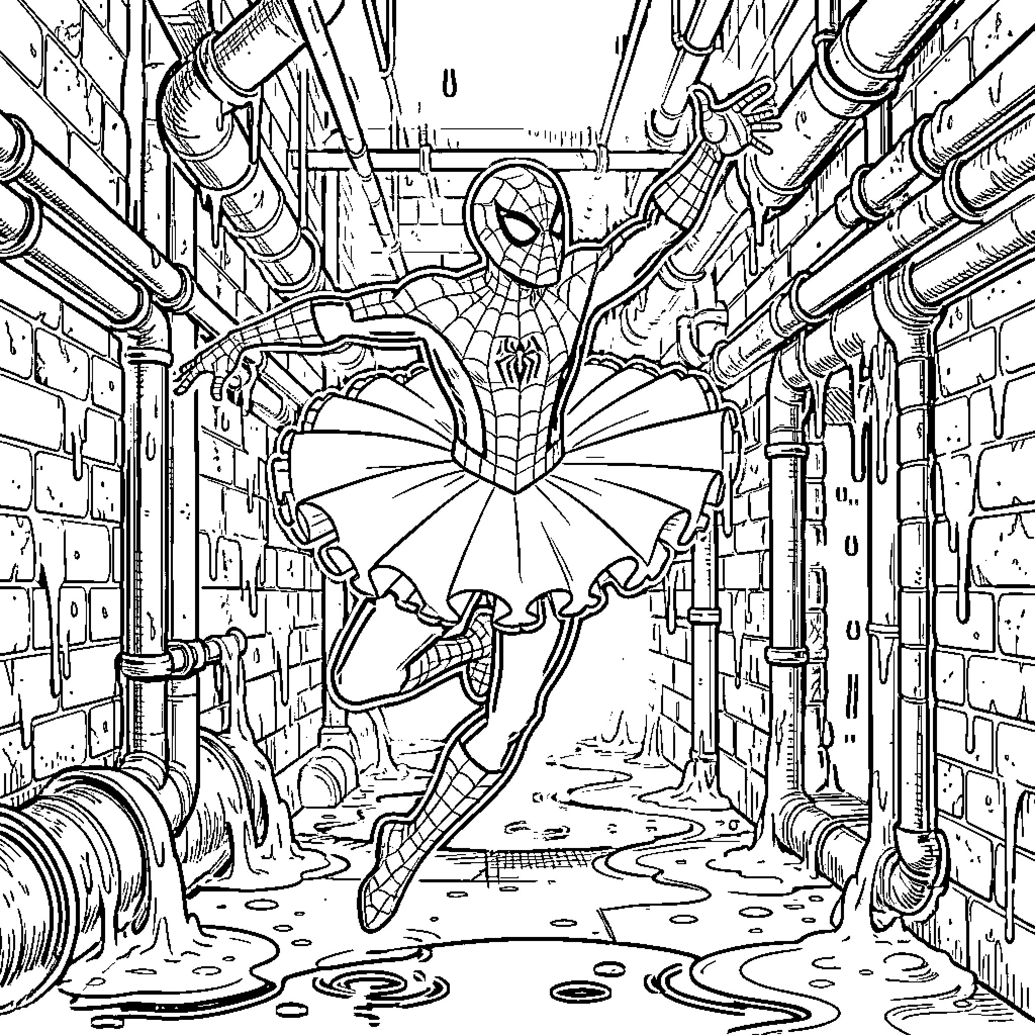 Spider-Man dancing in a tutu within a sewer Coloring Page (free black-and-white line drawing printable PDF for all, from beginners to advanced learners, including children, teens, adults, and seniors)