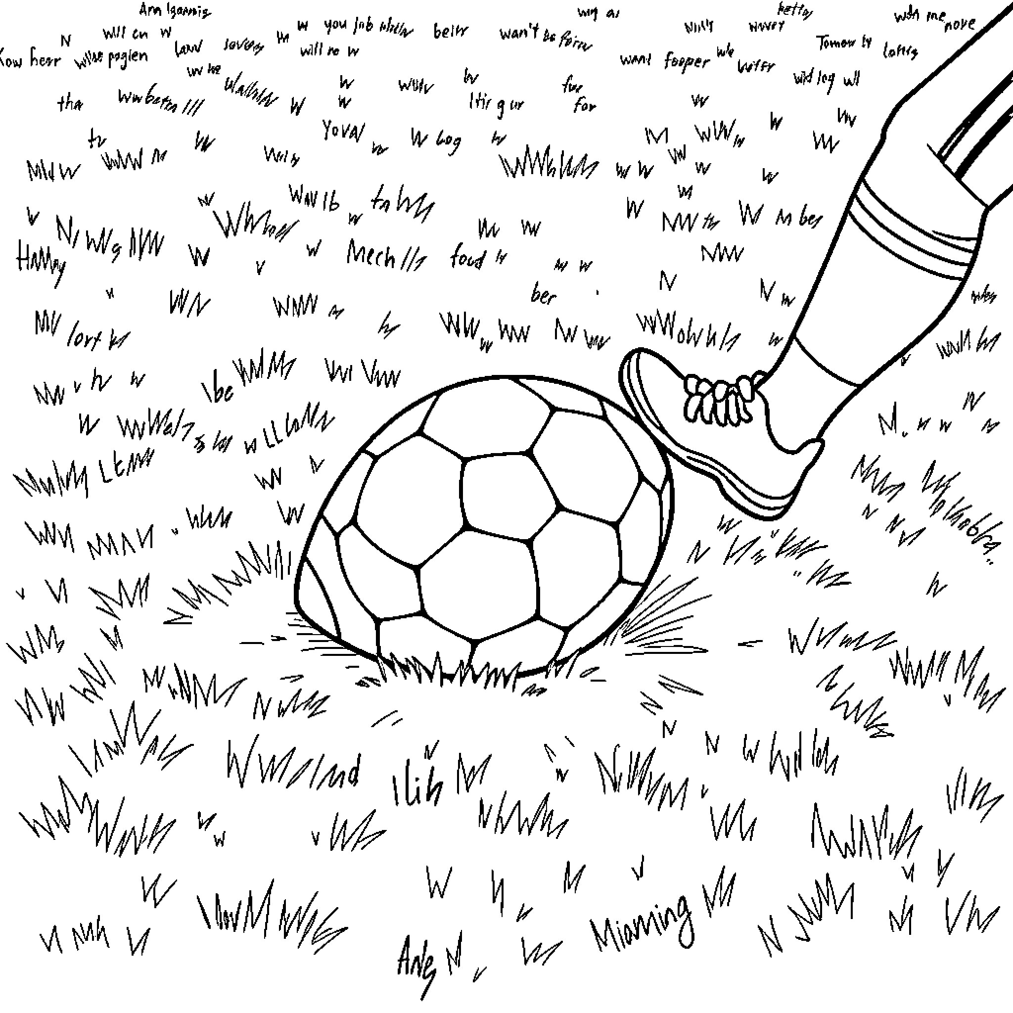 Football player kicking the ball on the field Coloring Page (free black-and-white line drawing printable PDF for all, from beginners to advanced learners, including children, teens, adults, and seniors)