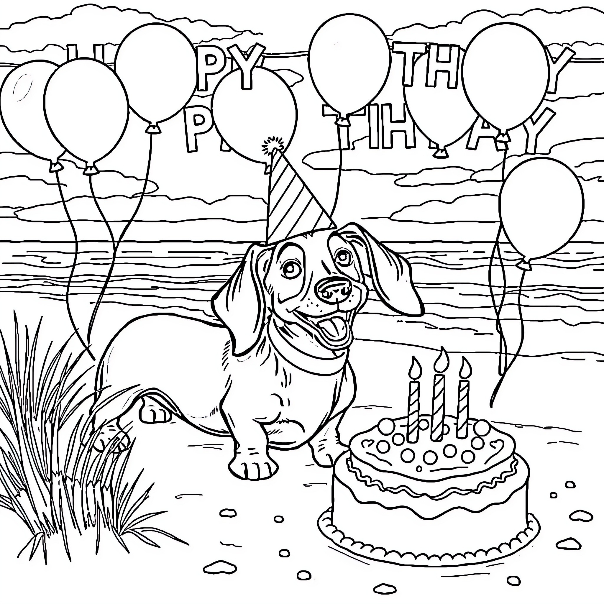 Dachshund celebrating birthday with balloons and cake Coloring Page (free black-and-white line drawing printable PDF for all, from beginners to advanced learners, including children, teens, adults, and seniors)