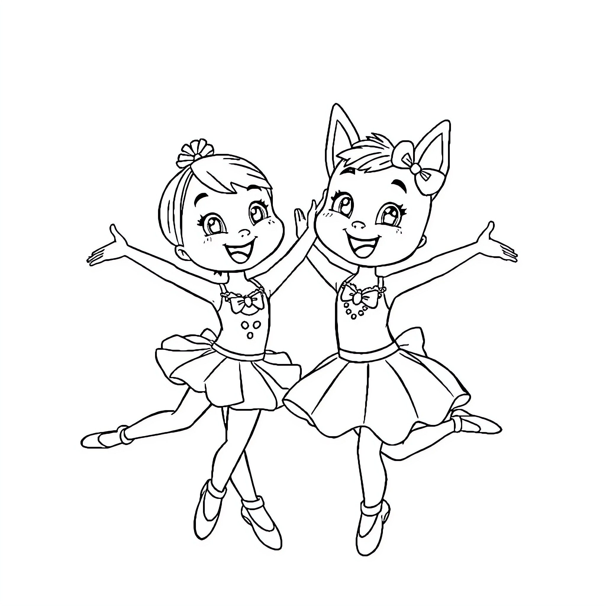 Bluey and Bingo dancing happily together Coloring Page (free black-and-white line drawing printable PDF for all, from beginners to advanced learners, including children, teens, adults, and seniors)
