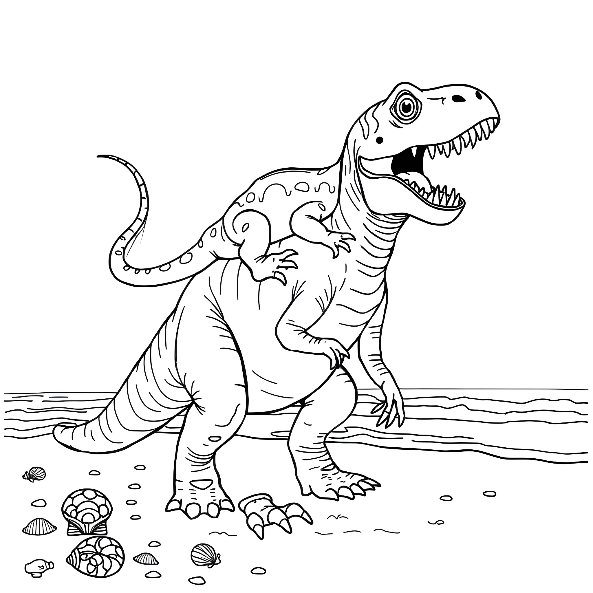 Axolotl roaring ferociously on the beach Coloring Page (free black-and-white line drawing printable PDF for all, from beginners to advanced learners, including children, teens, adults, and seniors)