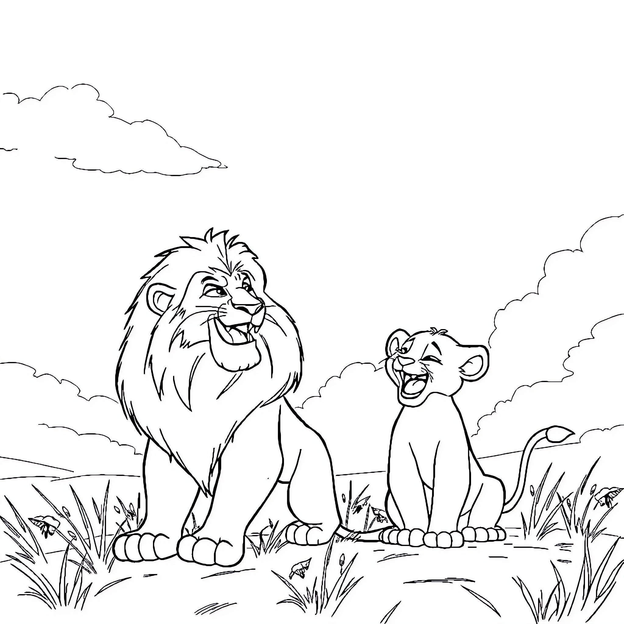 Mufasa and Simba sharing a joyful moment in the wild Coloring Page (free black-and-white line drawing printable PDF for all, from beginners to advanced learners, including children, teens, adults, and seniors)