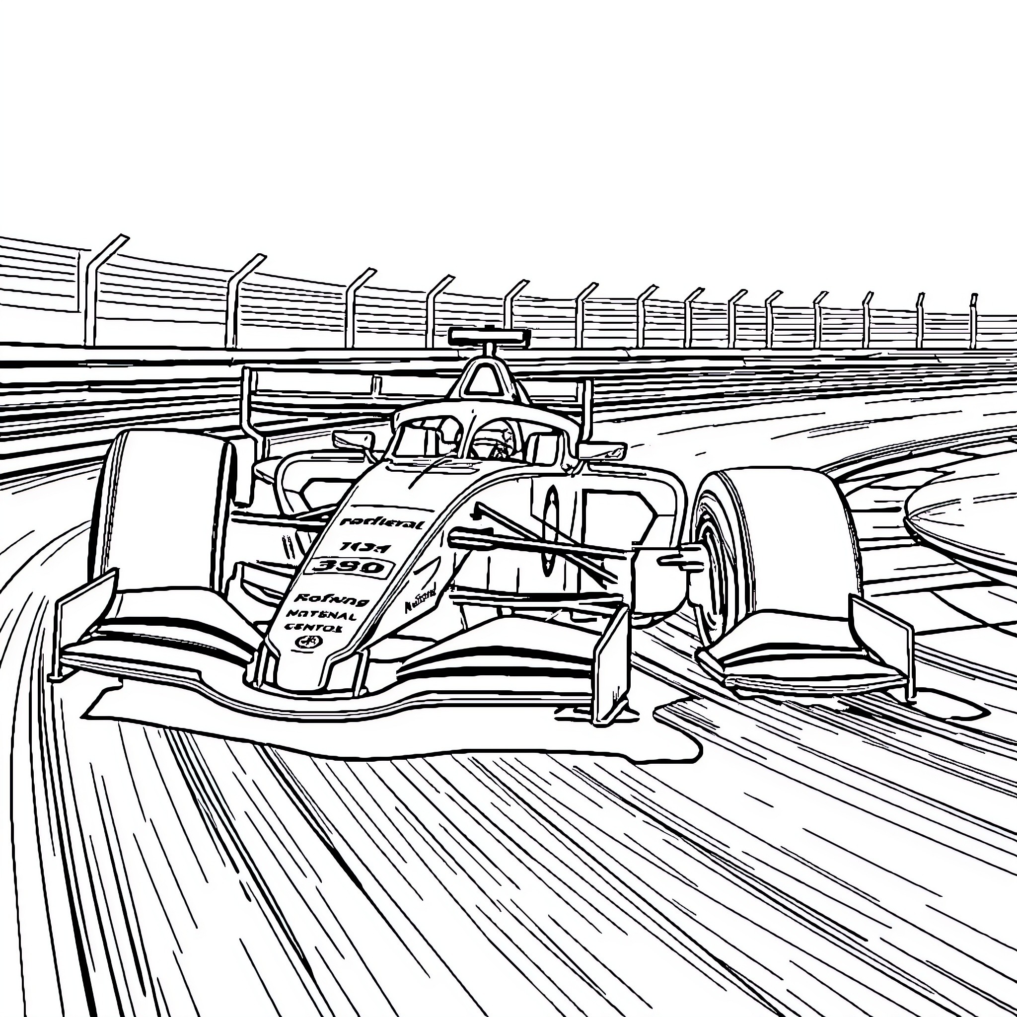Formula 1 Car speeding on race track Coloring Page (free black-and-white line drawing printable PDF for all, from beginners to advanced learners, including children, teens, adults, and seniors)