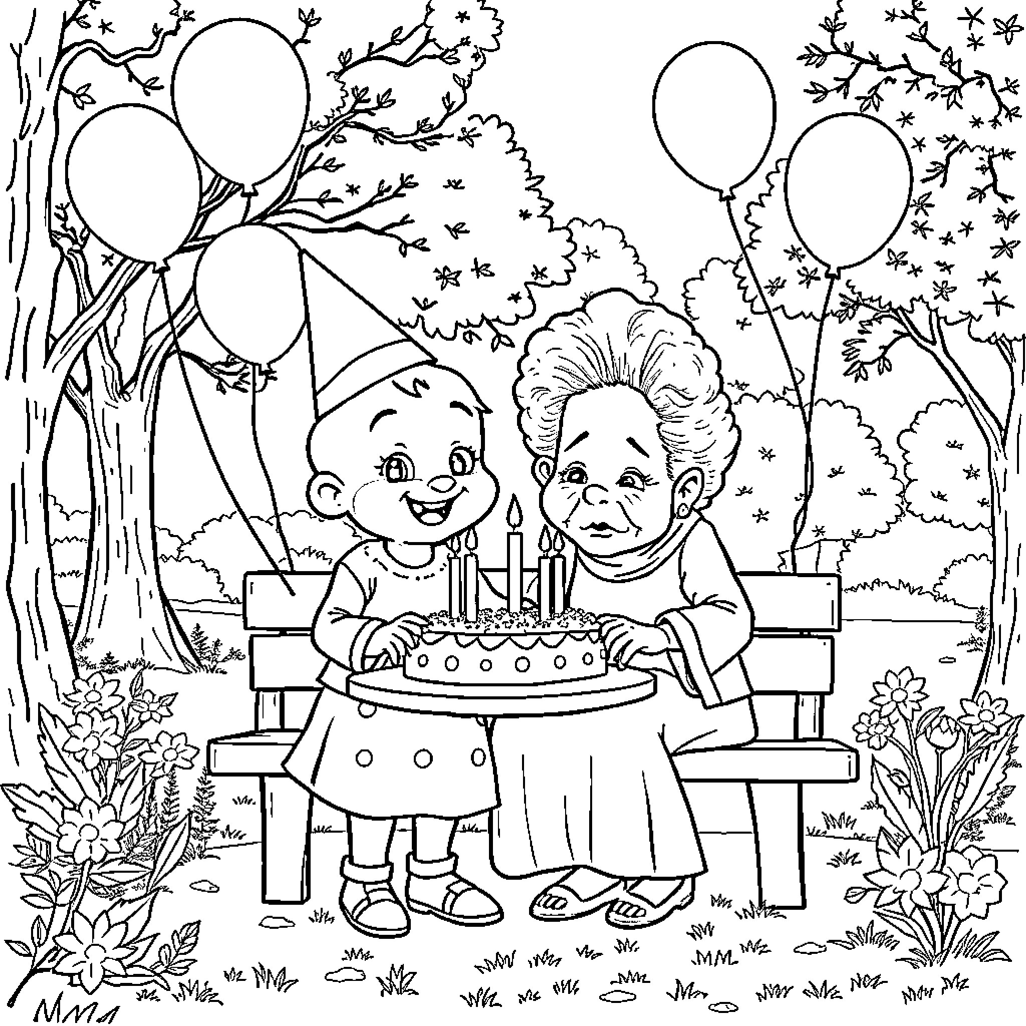 Bluey and grandparent's birthday party in the park Coloring Page (free black-and-white line drawing printable PDF for all, from beginners to advanced learners, including children, teens, adults, and seniors)