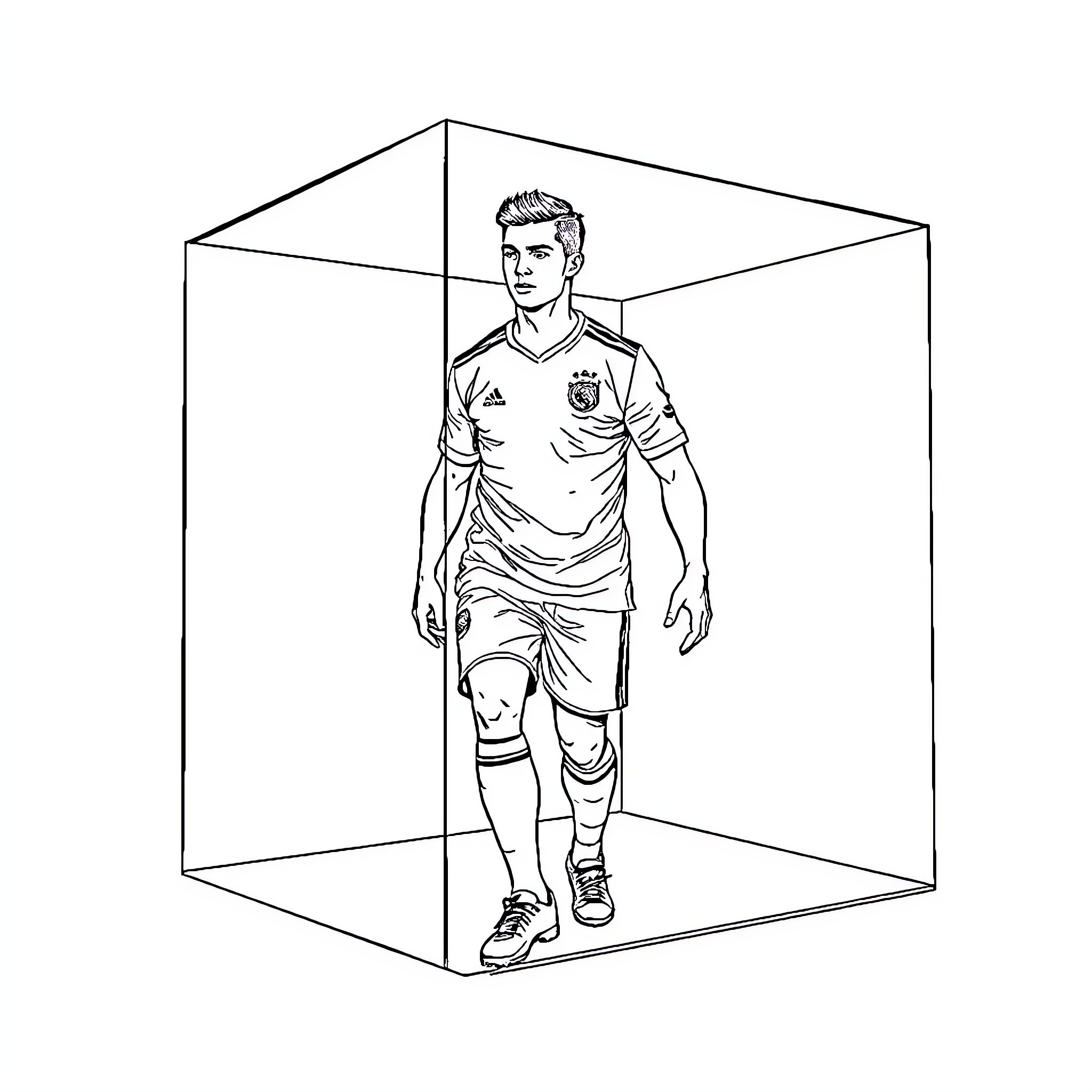 Ronaldo posing confidently in a geometric display Coloring Page (free black-and-white line drawing printable PDF for all, from beginners to advanced learners, including children, teens, adults, and seniors)