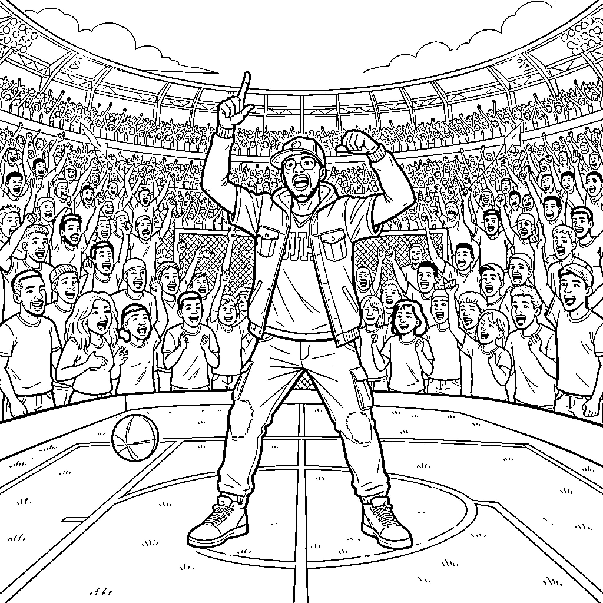 Sabotage in the Sports Stadium Coloring Page (free black-and-white line drawing printable PDF for all, from beginners to advanced learners, including children, teens, adults, and seniors)