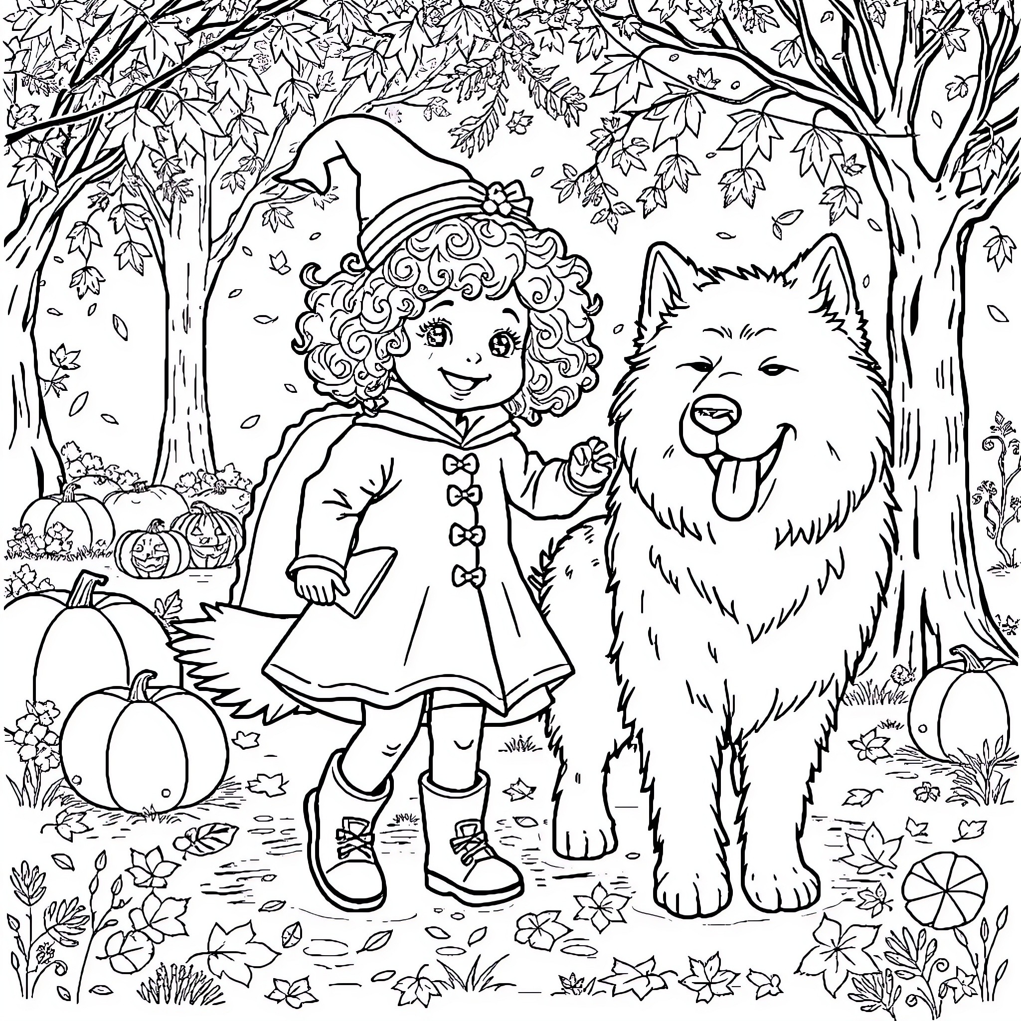 Toddler in autumn outfit with adorable dog Coloring Page (free black-and-white line drawing printable PDF for all, from beginners to advanced learners, including children, teens, adults, and seniors)