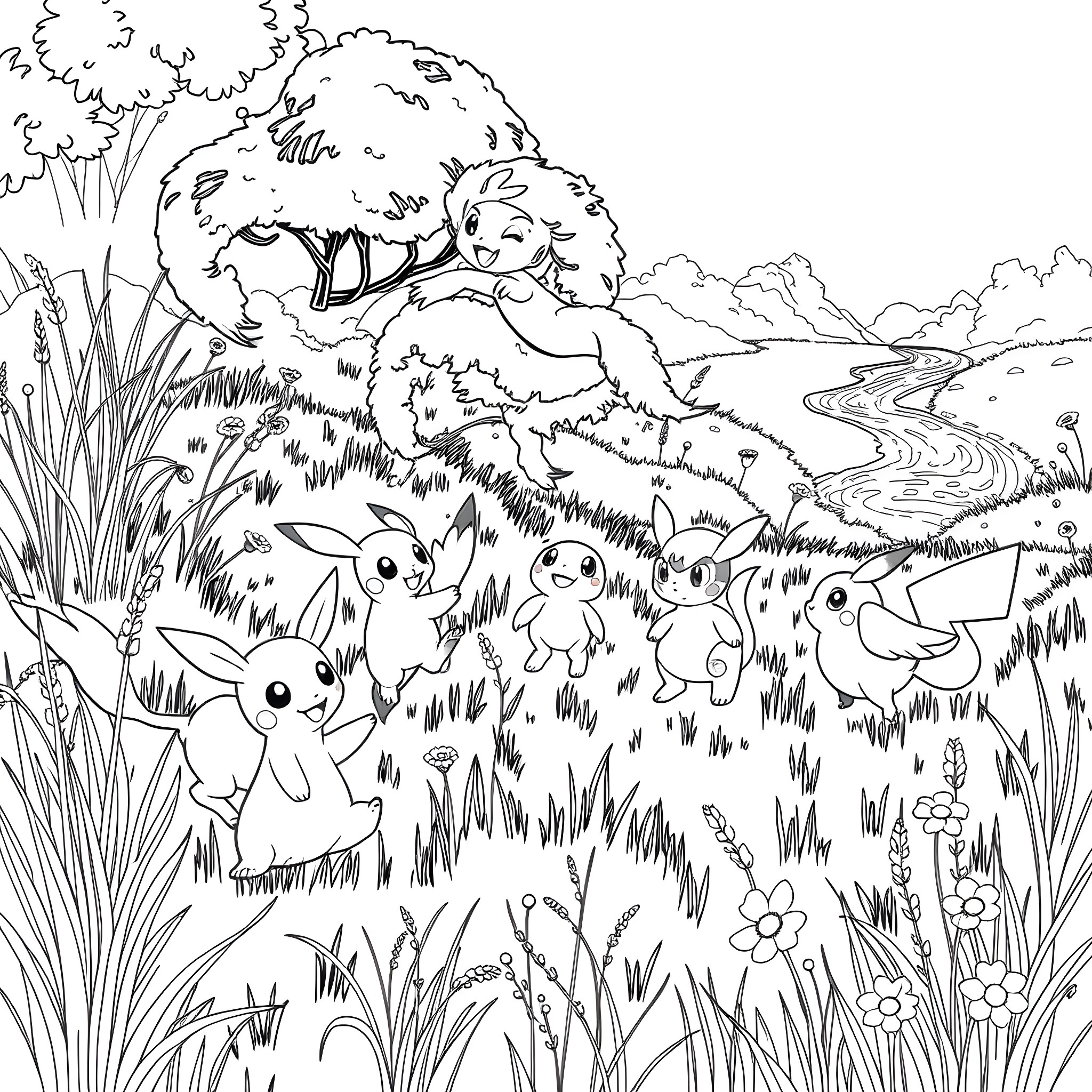 Pokémon Gathering in Whimsical Meadow Coloring Page (free black-and-white line drawing printable PDF for all, from beginners to advanced learners, including children, teens, adults, and seniors)