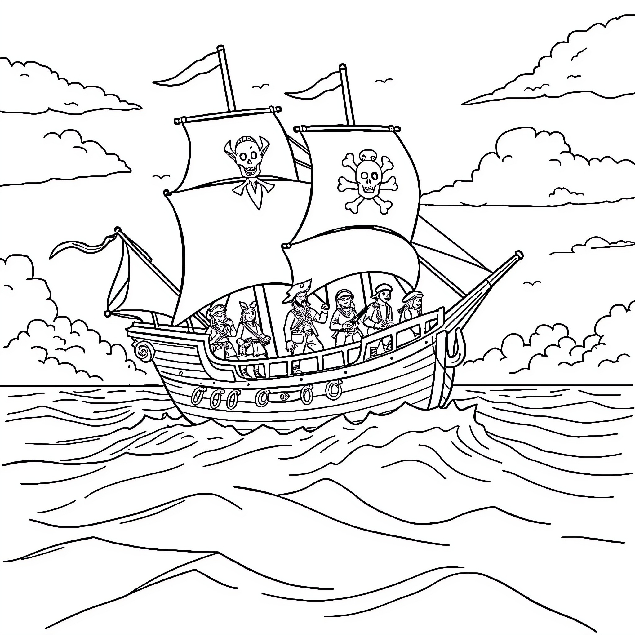 Pirate Ship Sailing the High Seas Coloring Page (free black-and-white line drawing printable PDF for all, from beginners to advanced learners, including children, teens, adults, and seniors)