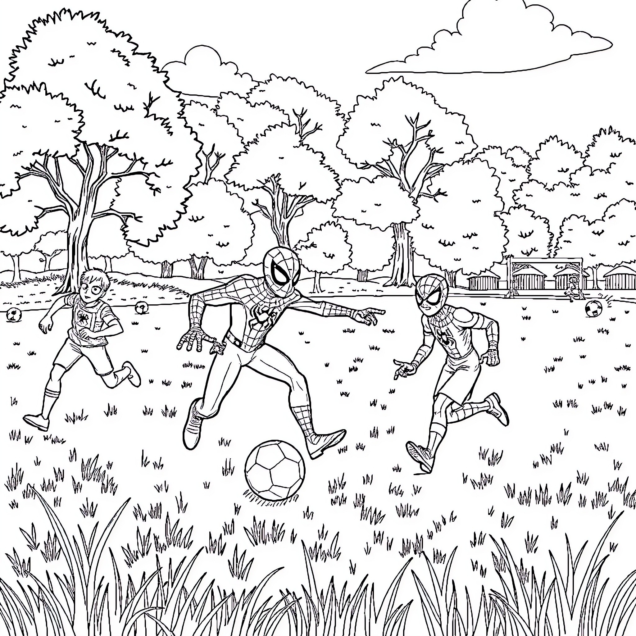 Spidey friends playing soccer in the park Coloring Page (free black-and-white line drawing printable PDF for all, from beginners to advanced learners, including children, teens, adults, and seniors)