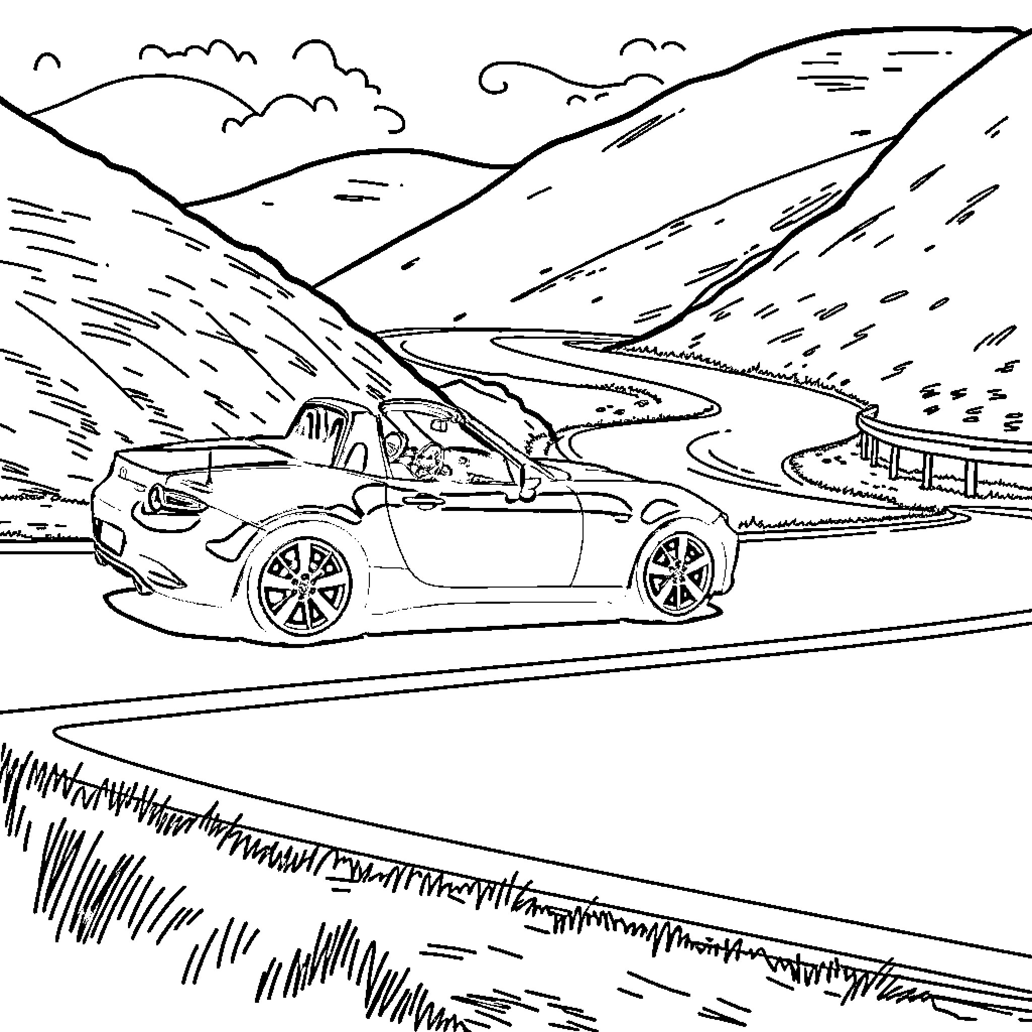 Miata driving through scenic mountain landscape Coloring Page (free black-and-white line drawing printable PDF for all, from beginners to advanced learners, including children, teens, adults, and seniors)