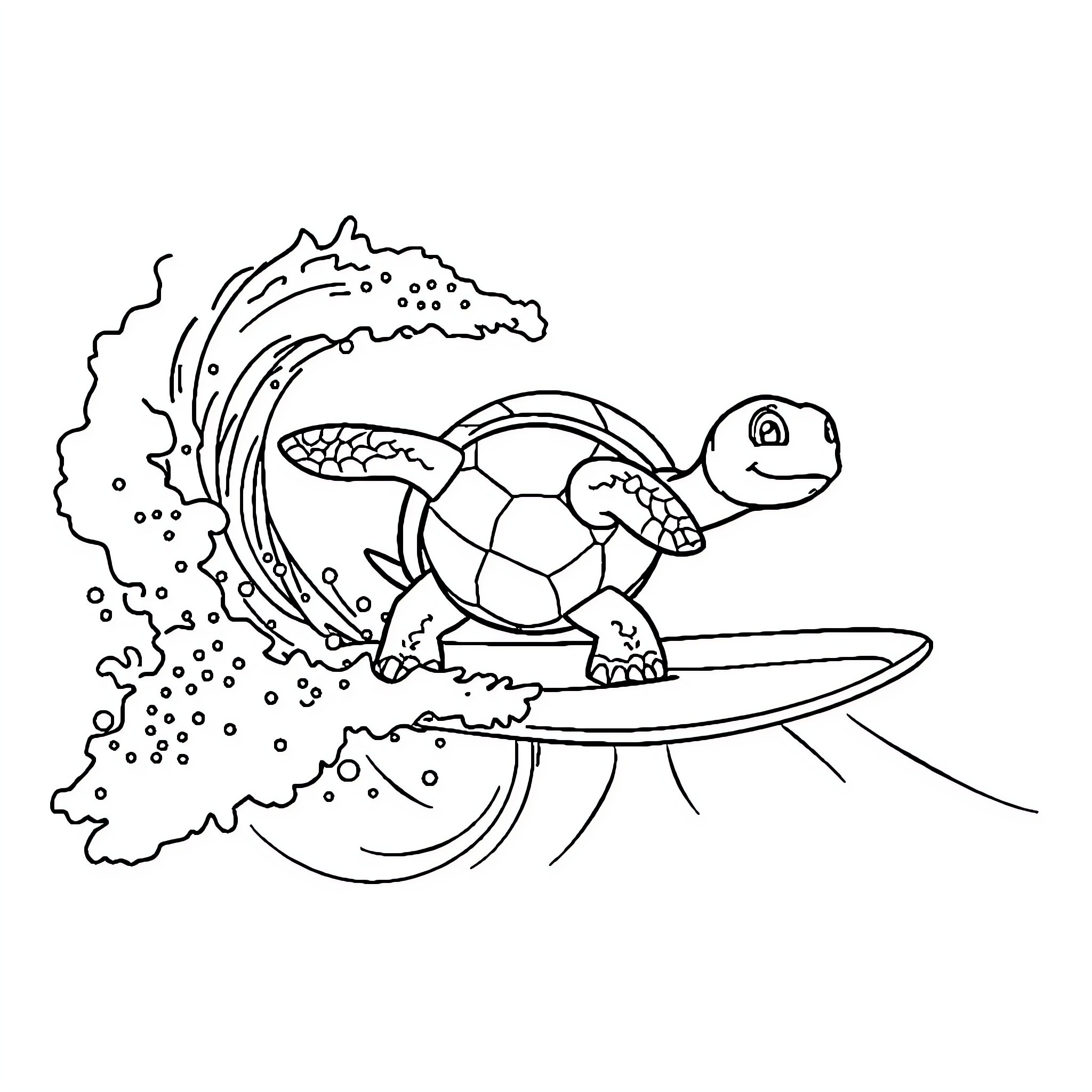 Turtle surfing in the ocean Coloring Page (free black-and-white line drawing printable PDF for all, from beginners to advanced learners, including children, teens, adults, and seniors)