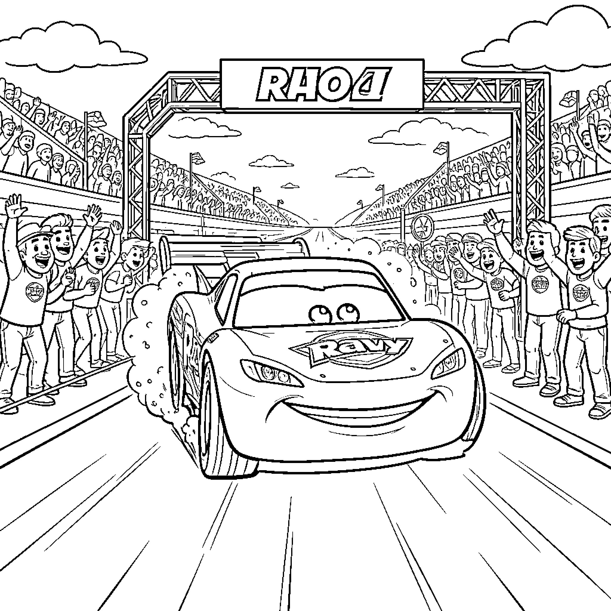 Rayo McQueen racing down the track with cheering fans Coloring Page (free black-and-white line drawing printable PDF for all, from beginners to advanced learners, including children, teens, adults, and seniors)
