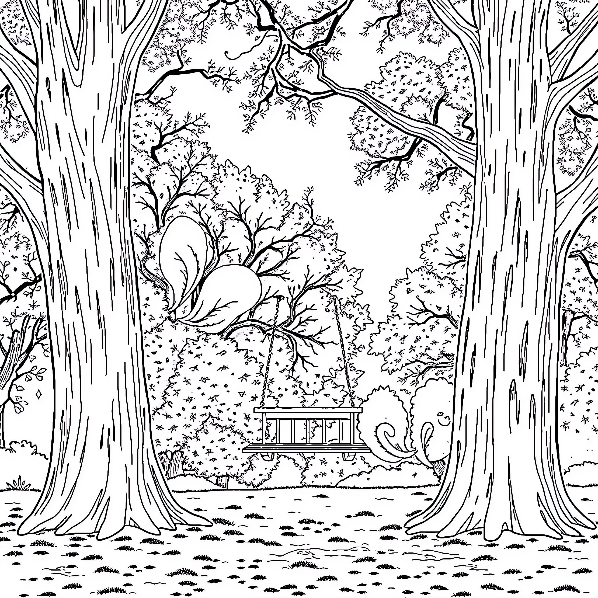 Swing in the Enchanted Forest Coloring Page (free black-and-white line drawing printable PDF for all, from beginners to advanced learners, including children, teens, adults, and seniors)