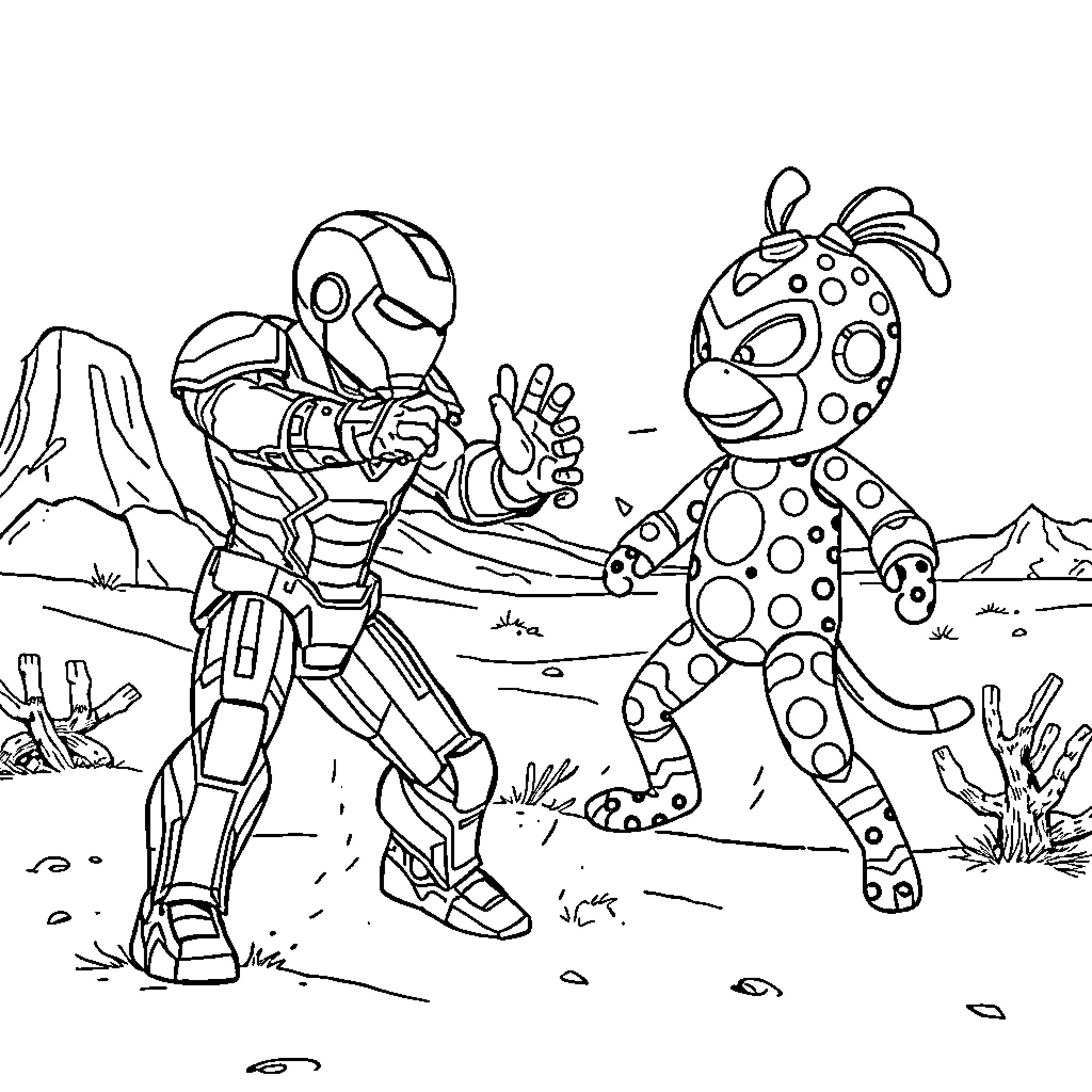Iron Man encountering a colorful alien creature Coloring Page (free black-and-white line drawing printable PDF for all, from beginners to advanced learners, including children, teens, adults, and seniors)