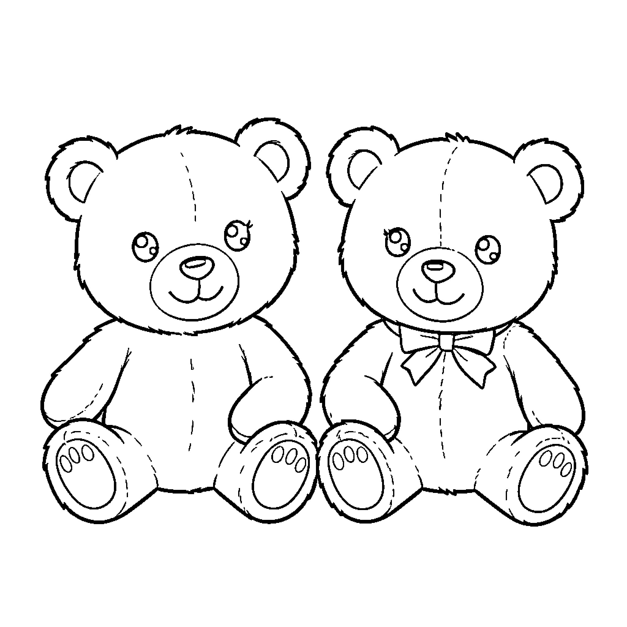 Bear companions sitting together Coloring Page (free black-and-white line drawing printable PDF for all, from beginners to advanced learners, including children, teens, adults, and seniors)