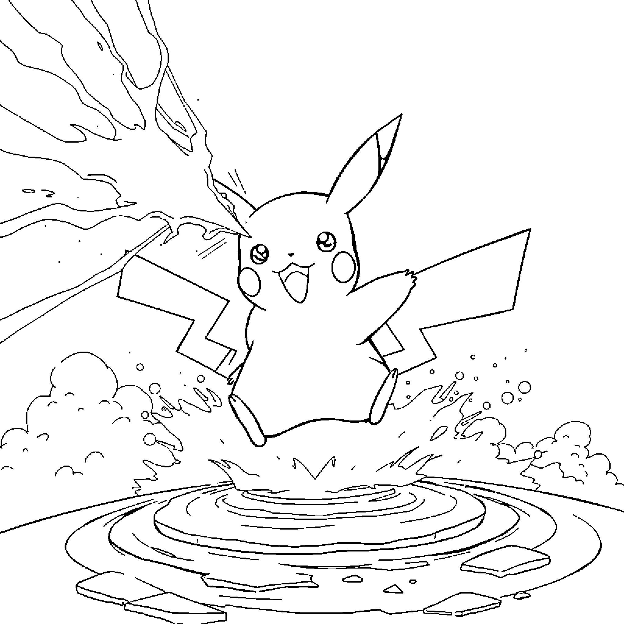 Pikachu Bursting with Electricity in Nature Coloring Page (free black-and-white line drawing printable PDF for all, from beginners to advanced learners, including children, teens, adults, and seniors)