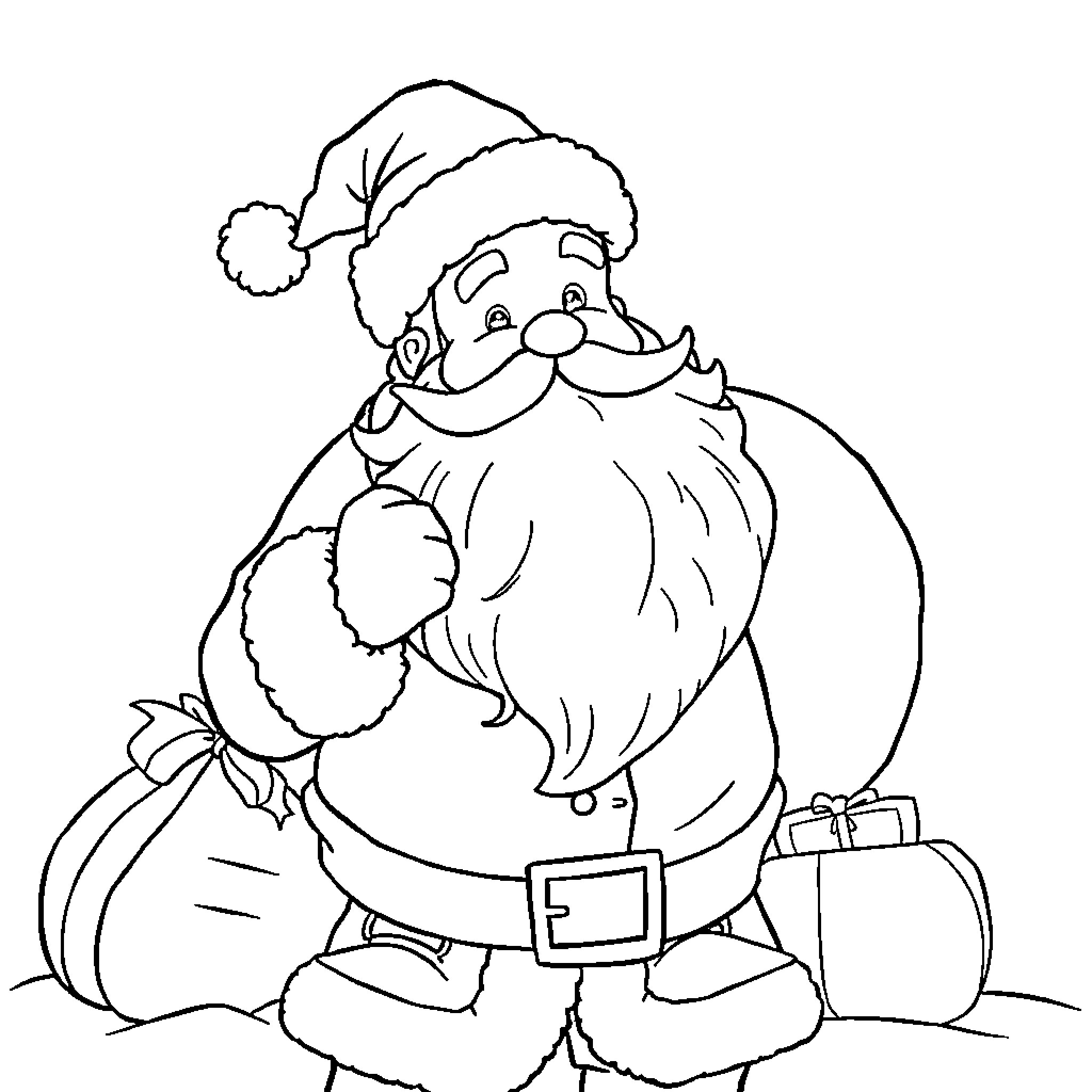 Santa Claus carrying a sack of presents Coloring Page (free black-and-white line drawing printable PDF for all, from beginners to advanced learners, including children, teens, adults, and seniors)