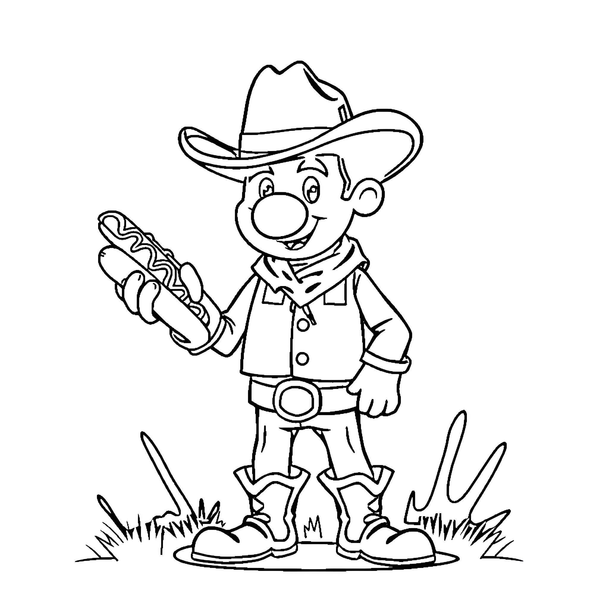 Hotdog cowboy character in the wild Coloring Page (free black-and-white line drawing printable PDF for all, from beginners to advanced learners, including children, teens, adults, and seniors)