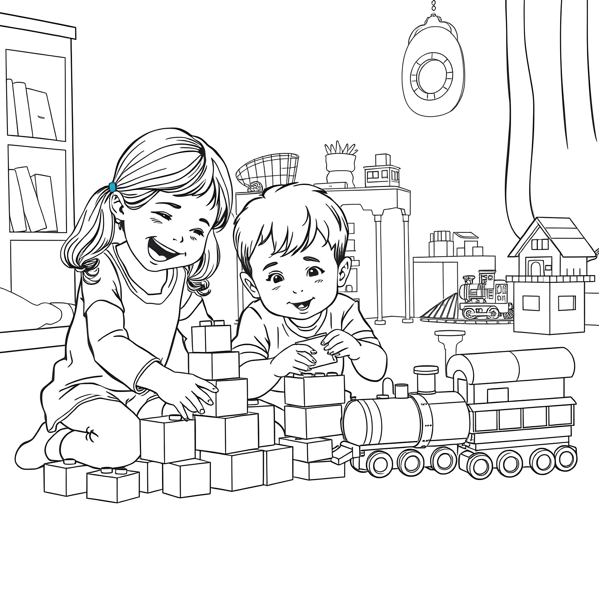 Child playing happily with toys in the room Coloring Page (free black-and-white line drawing printable PDF for all, from beginners to advanced learners, including children, teens, adults, and seniors)