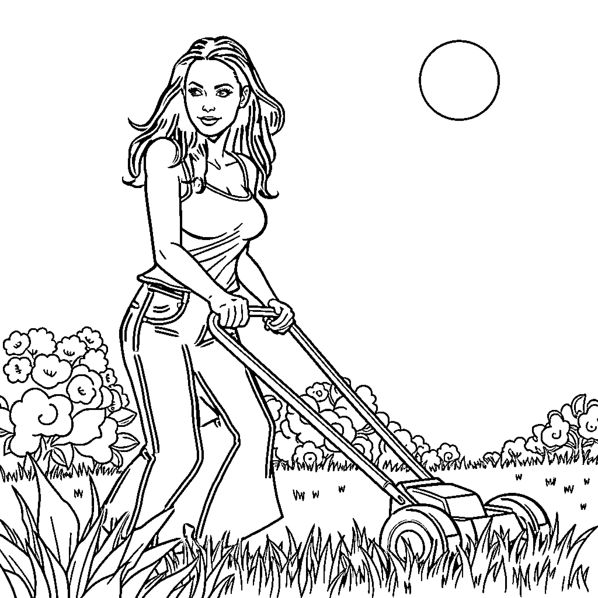 Angelina Jolie mowing the lawn in a casual outfit Coloring Page (free black-and-white line drawing printable PDF for all, from beginners to advanced learners, including children, teens, adults, and seniors)