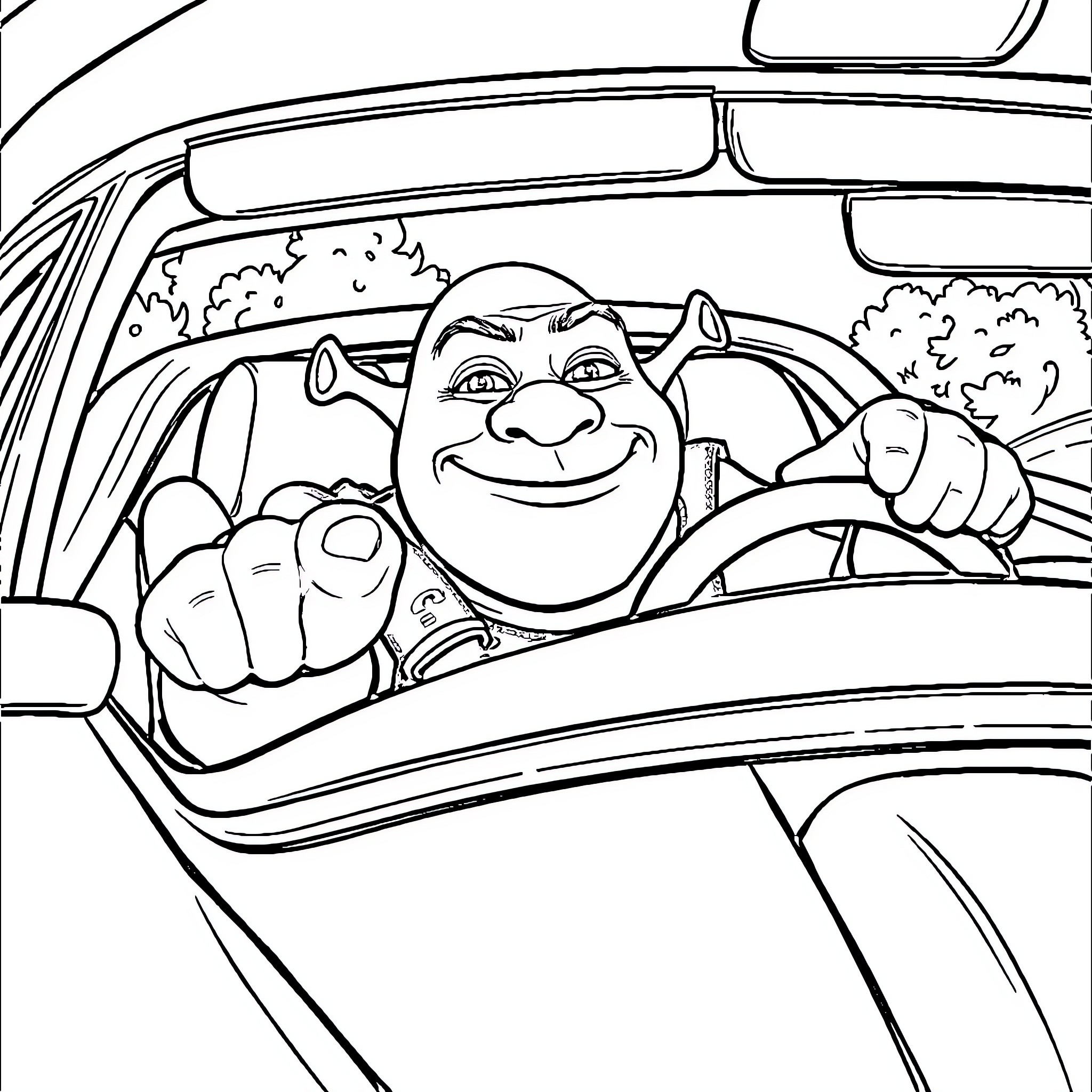 Shrek driving happily in his car Coloring Page (free black-and-white line drawing printable PDF for all, from beginners to advanced learners, including children, teens, adults, and seniors)