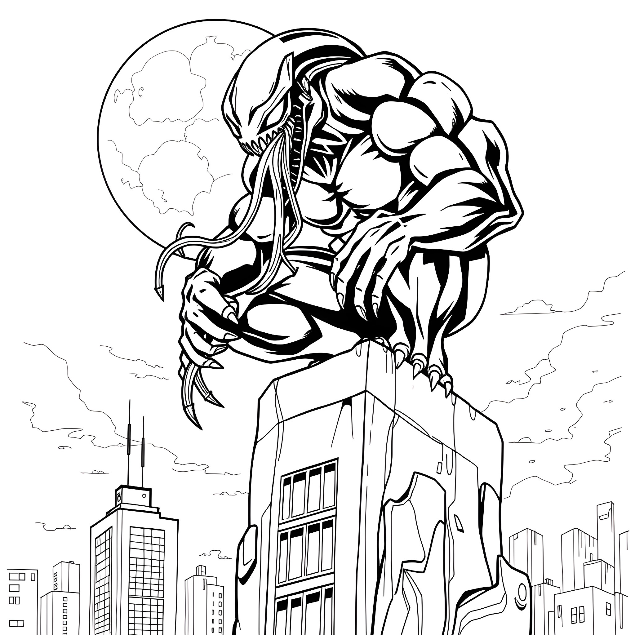 Hulk Towering Above Cityscape in Dramatic Pose Coloring Page (free black-and-white line drawing printable PDF for all, from beginners to advanced learners, including children, teens, adults, and seniors)