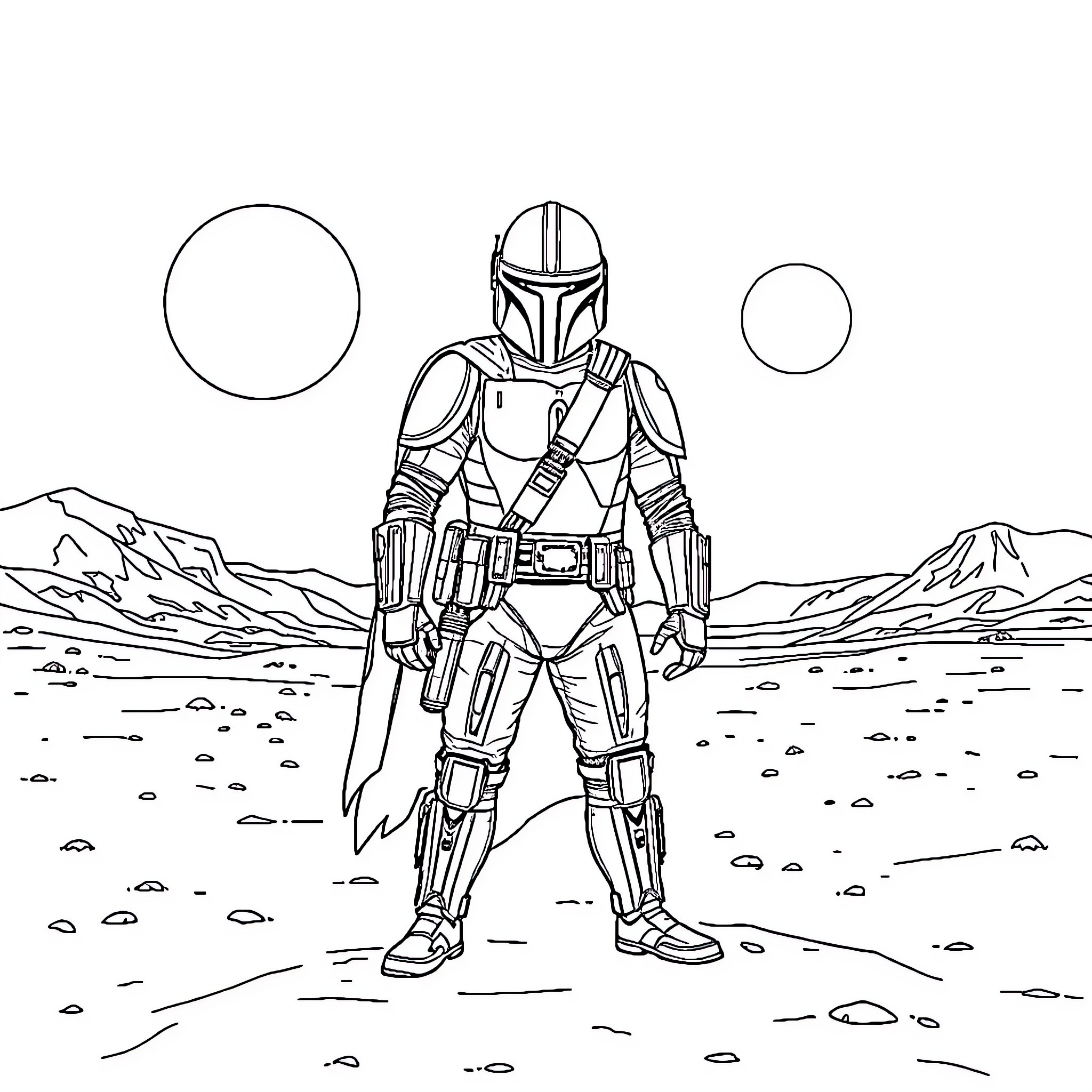 Mandalorian warrior in the desert landscape Coloring Page (free black-and-white line drawing printable PDF for all, from beginners to advanced learners, including children, teens, adults, and seniors)