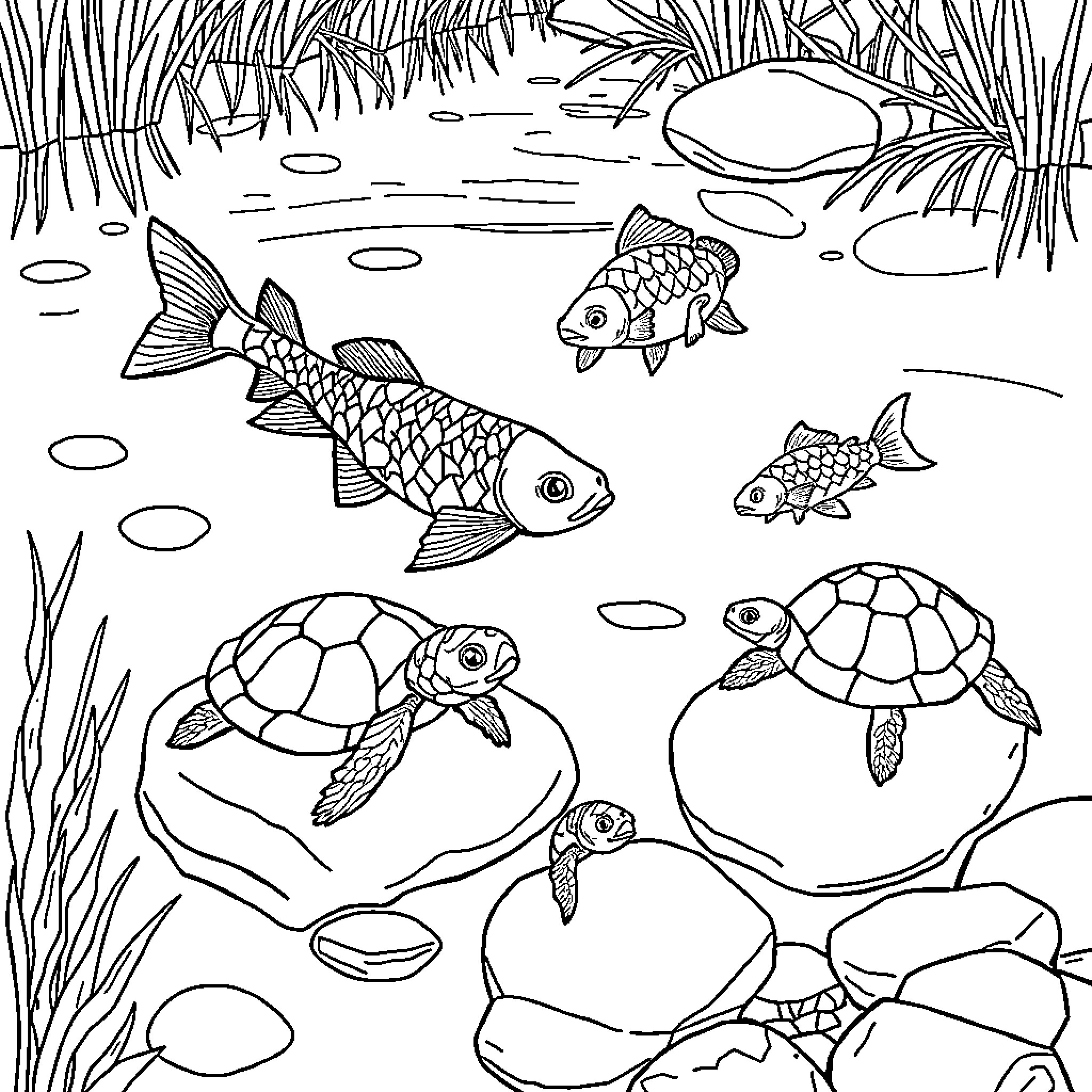 Fish swimming in a pond with turtles Coloring Page (free black-and-white line drawing printable PDF for all, from beginners to advanced learners, including children, teens, adults, and seniors)