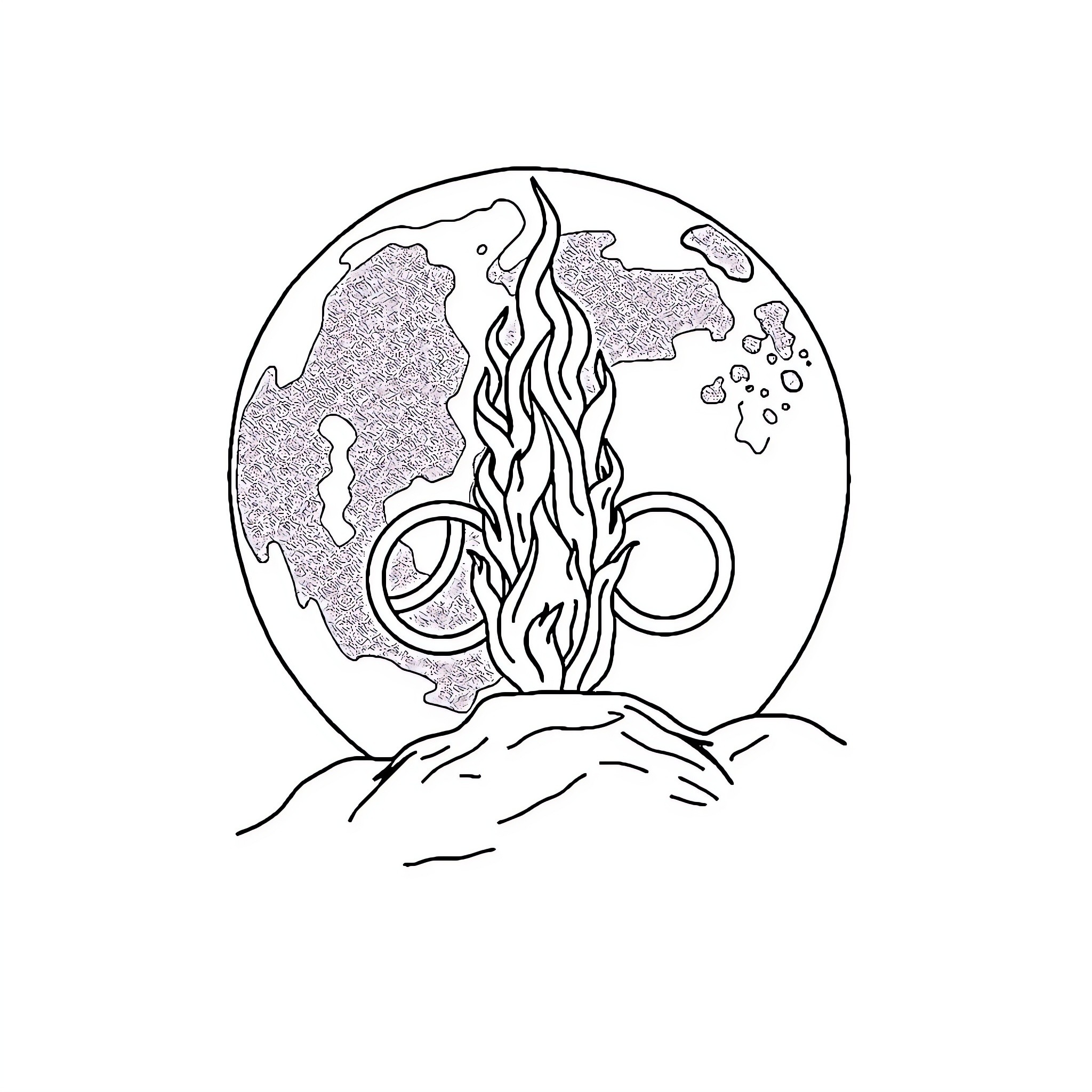 Olympic Fire Ascending from Mountainous Terrain Coloring Page (free black-and-white line drawing printable PDF for all, from beginners to advanced learners, including children, teens, adults, and seniors)