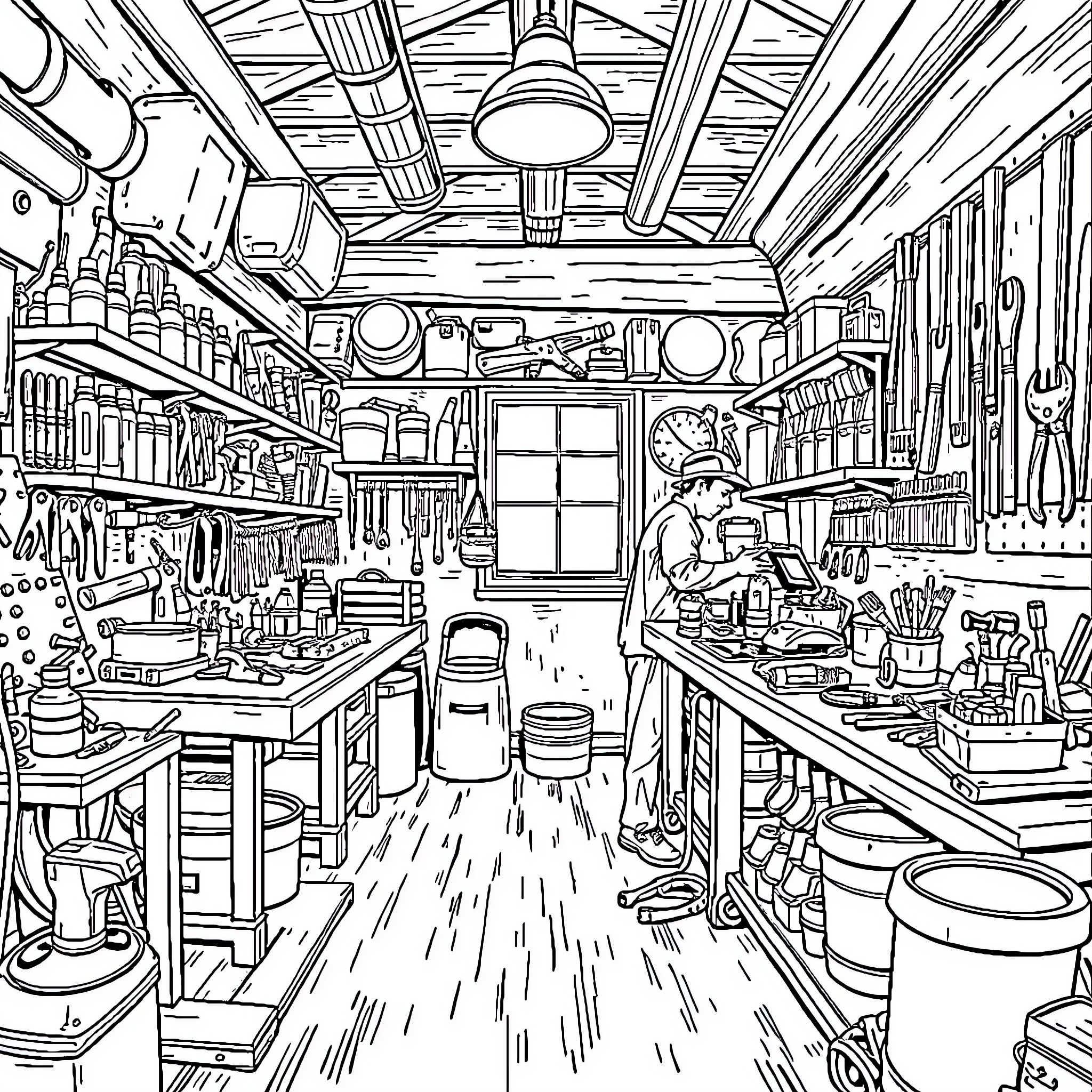 Handyman's Workshop: Tools, Shelves, and a Hardworking Artisan Coloring Page (free black-and-white line drawing printable PDF for all, from beginners to advanced learners, including children, teens, adults, and seniors)