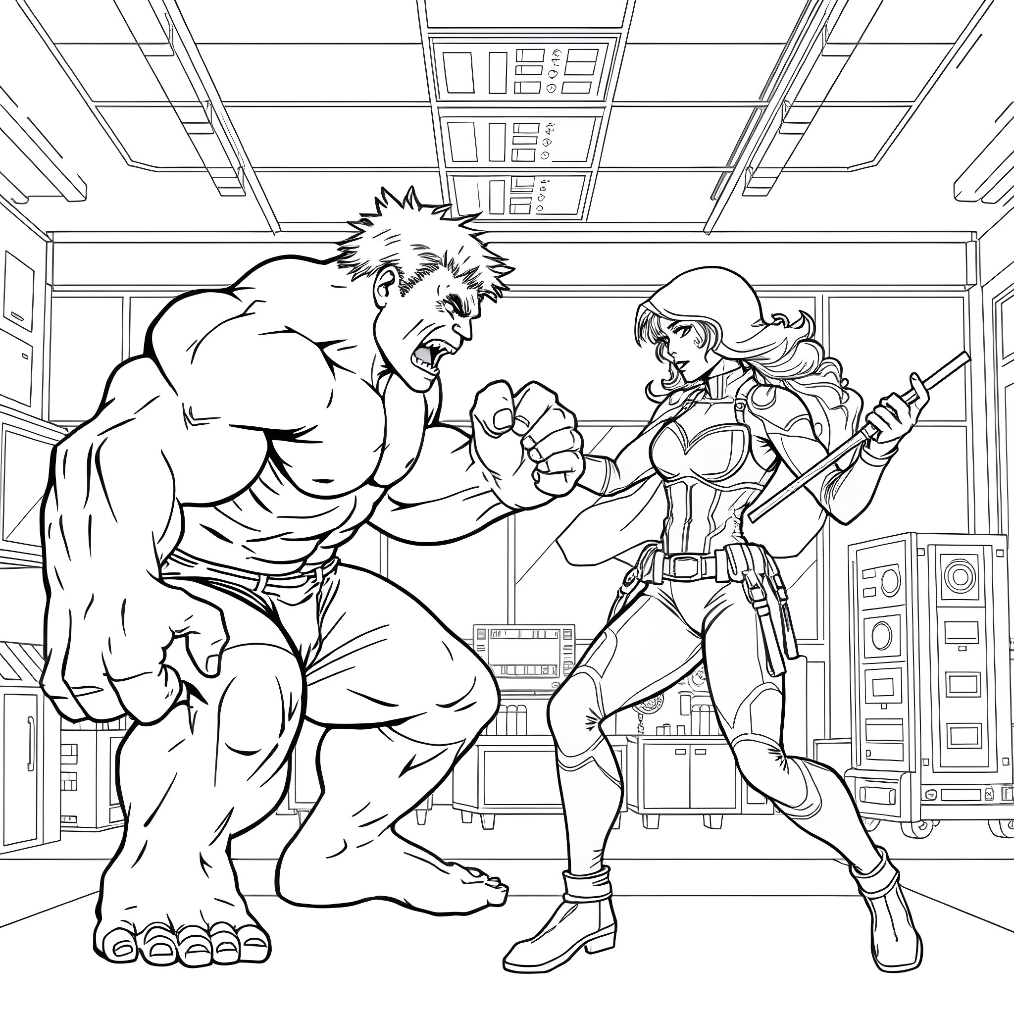 Hulk clashing with female superhero in combat gear Coloring Page (free black-and-white line drawing printable PDF for all, from beginners to advanced learners, including children, teens, adults, and seniors)