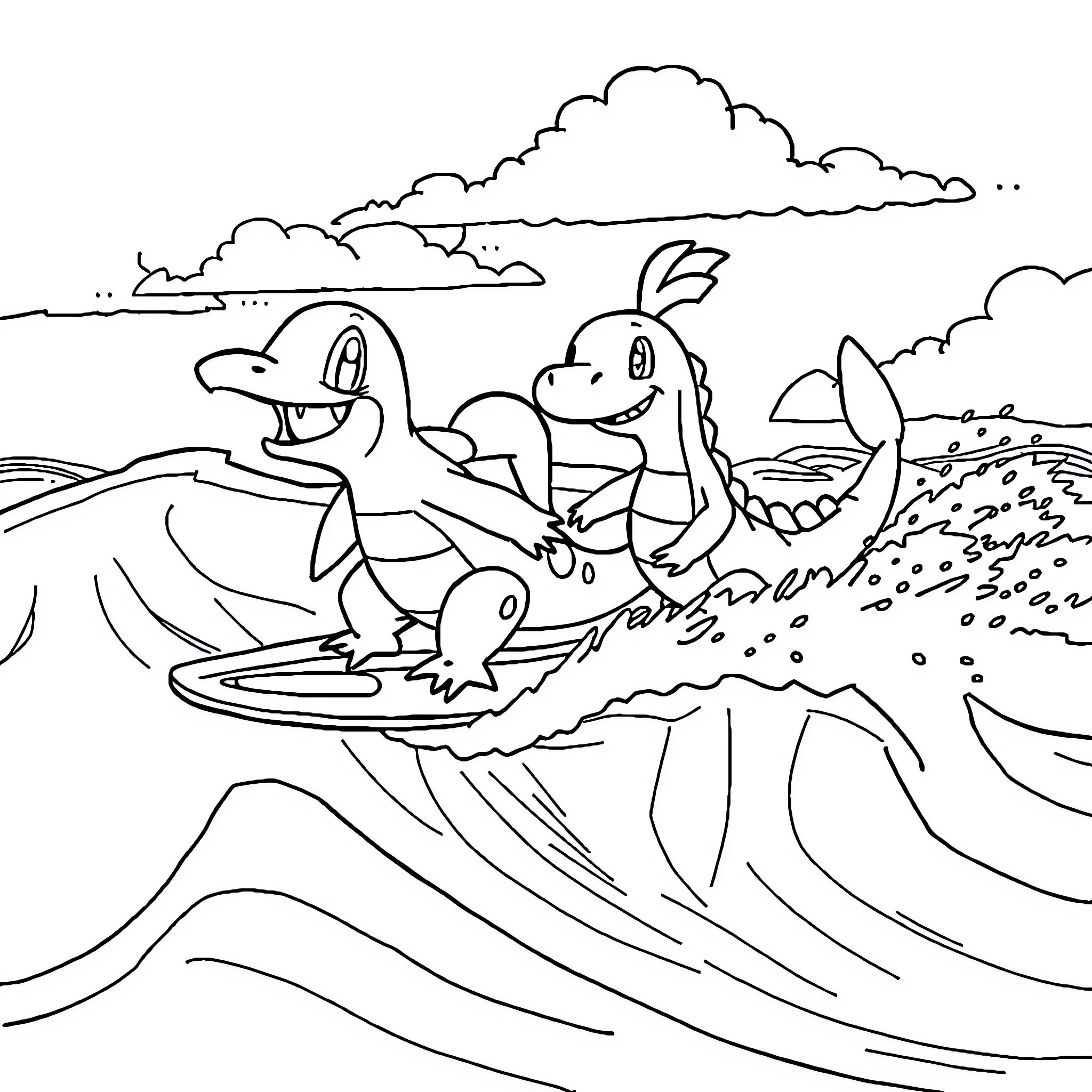 Marrill Creatures Surfing the Waves Coloring Page (free black-and-white line drawing printable PDF for all, from beginners to advanced learners, including children, teens, adults, and seniors)