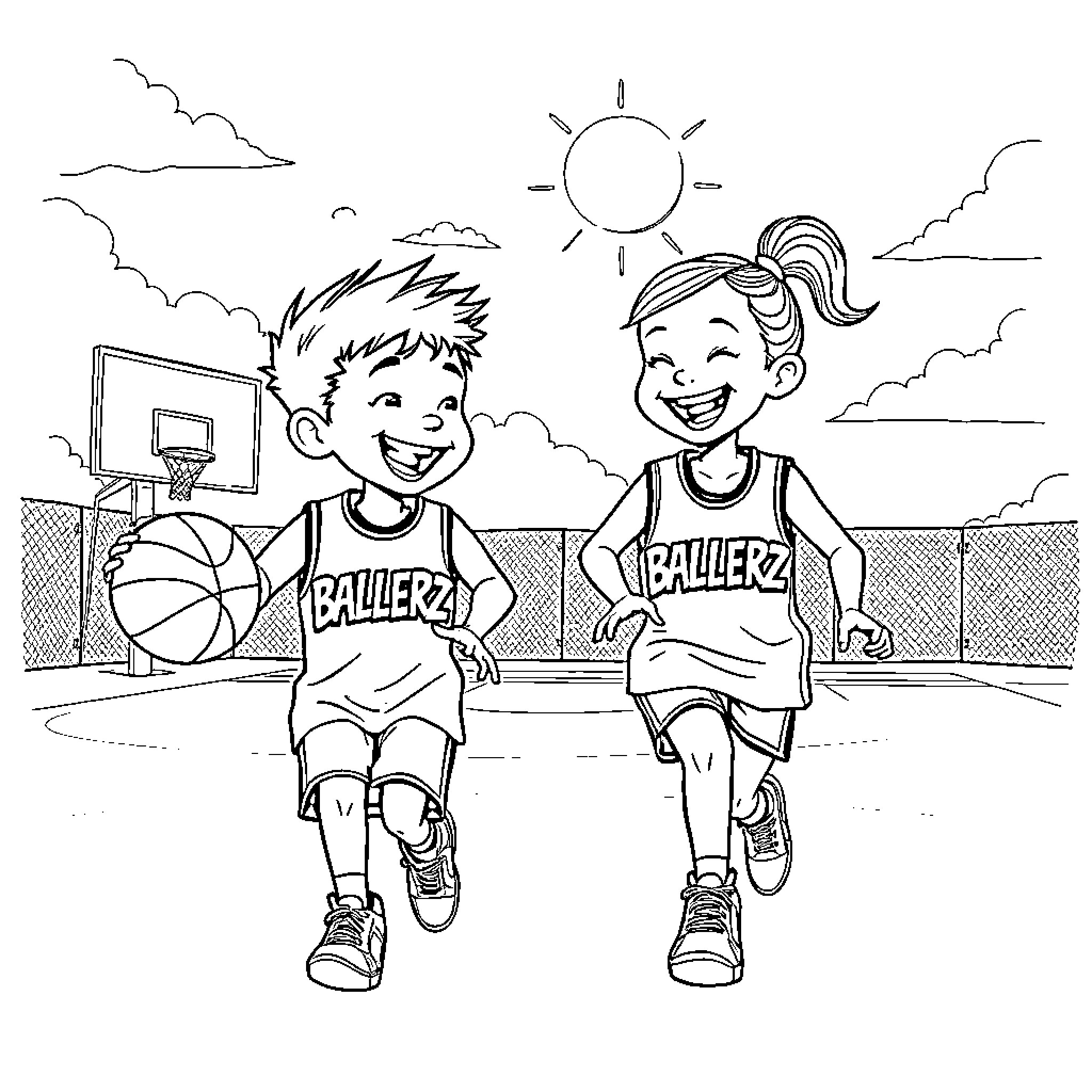 Kid basketball players enjoying the game outdoors Coloring Page (free black-and-white line drawing printable PDF for all, from beginners to advanced learners, including children, teens, adults, and seniors)