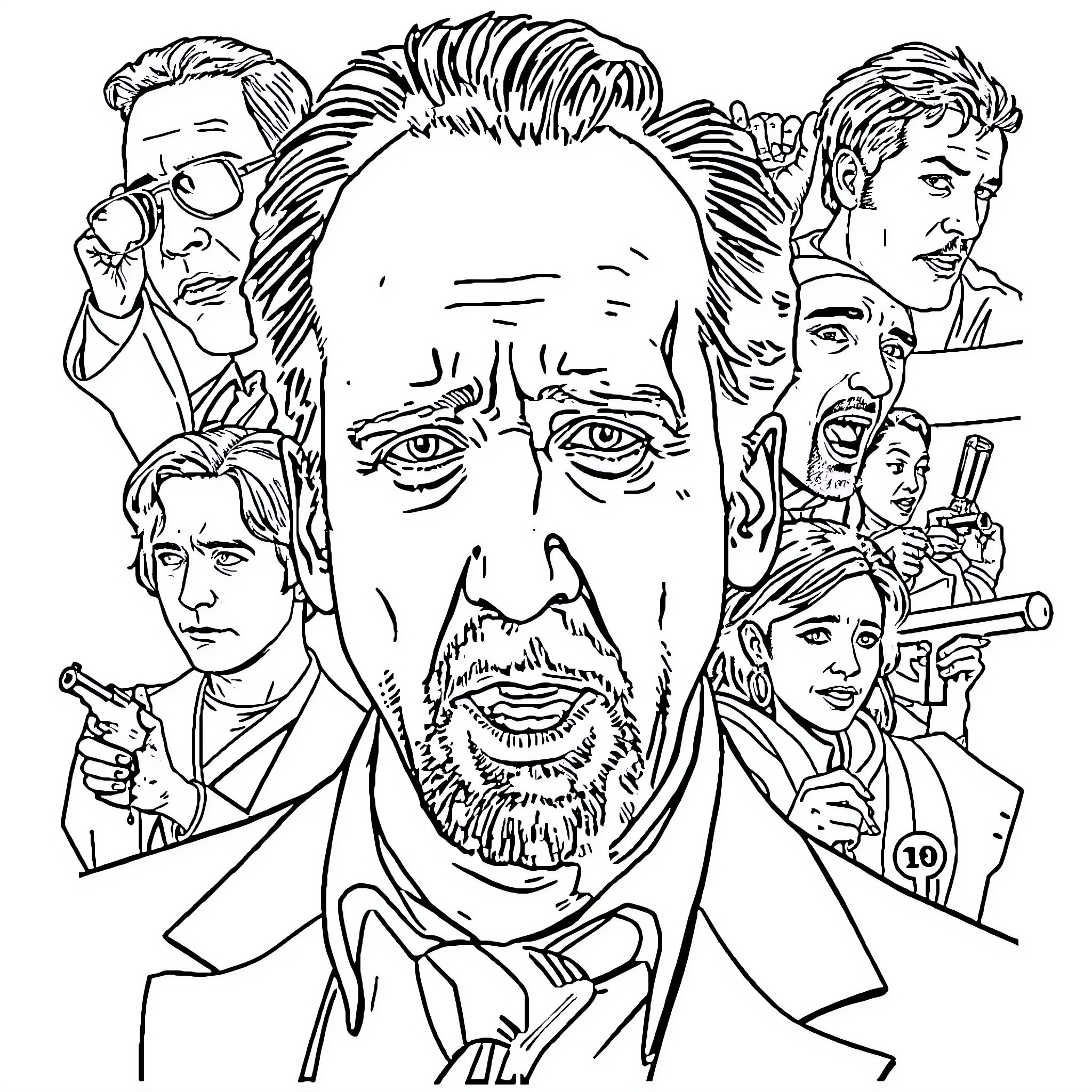 Nicolas Cage in Intense Dramatic Roles Coloring Page (free black-and-white line drawing printable PDF for all, from beginners to advanced learners, including children, teens, adults, and seniors)