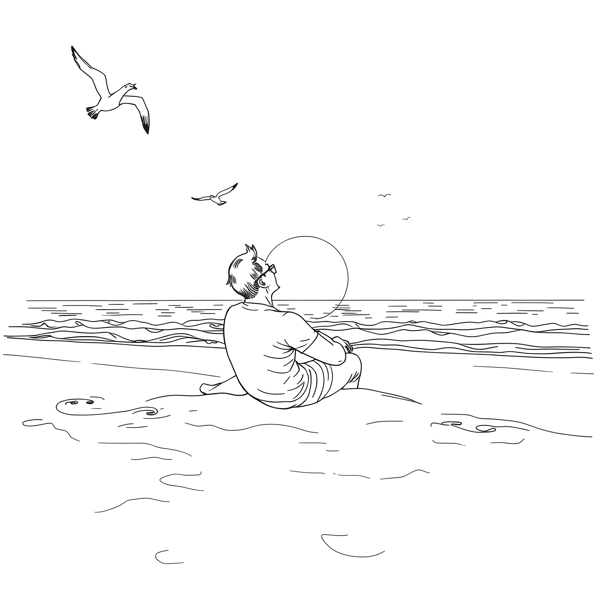 Arthur Morgan contemplating the sunset by the shore Coloring Page (free black-and-white line drawing printable PDF for all, from beginners to advanced learners, including children, teens, adults, and seniors)